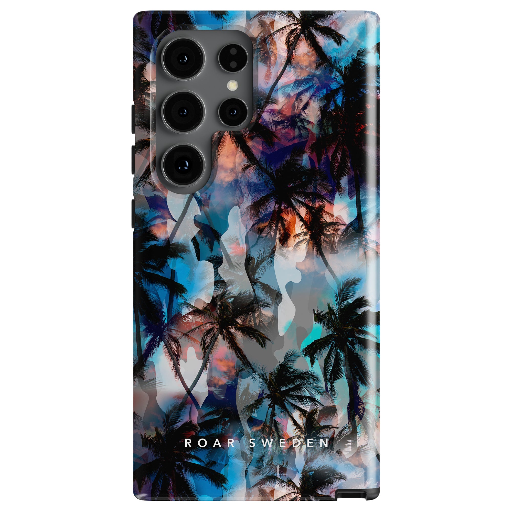A smartphone with a clear case featuring a colorful sunset and palm tree design, reminiscent of Venice Beach. The brand logo "Roar Sweden" is at the bottom. The camera module is prominent.