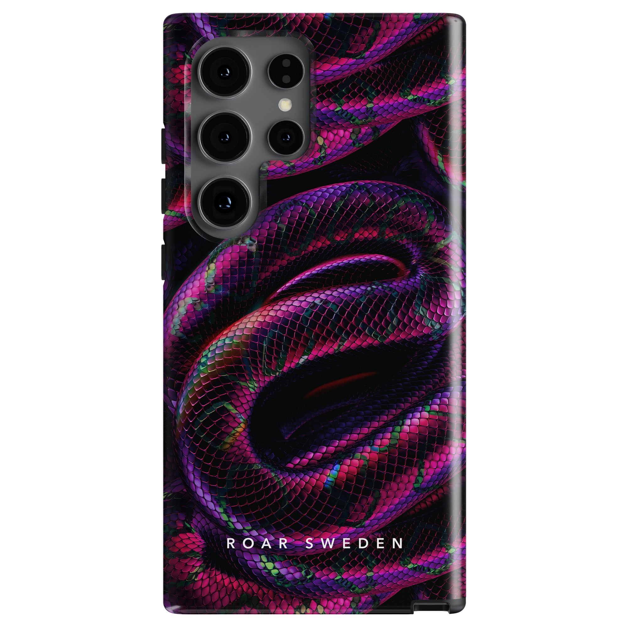 Phone case featuring a coiled snake design in vivid pink and purple hues, with "Roar Sweden" text at the bottom. This Venom - Tough Case boasts a unique snakeskin-mönster that adds an extra layer of style and protection.
