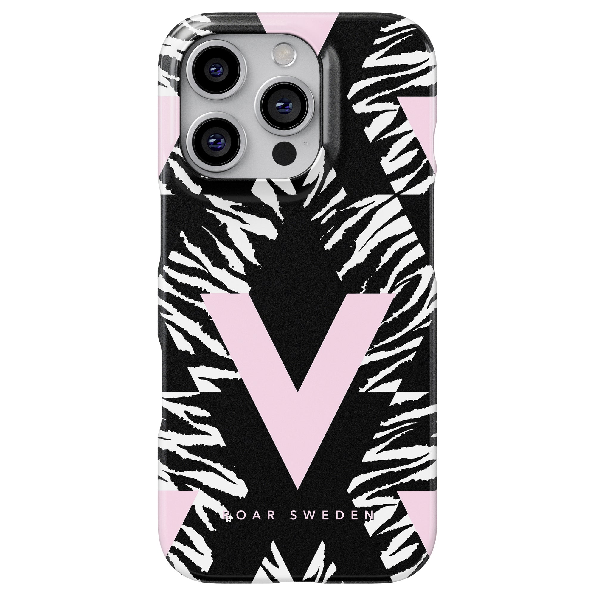 Phone with a Vibes - Slim case featuring pink V shapes and a bold black and white zebra pattern, labeled "Roar Sweden" at the bottom.