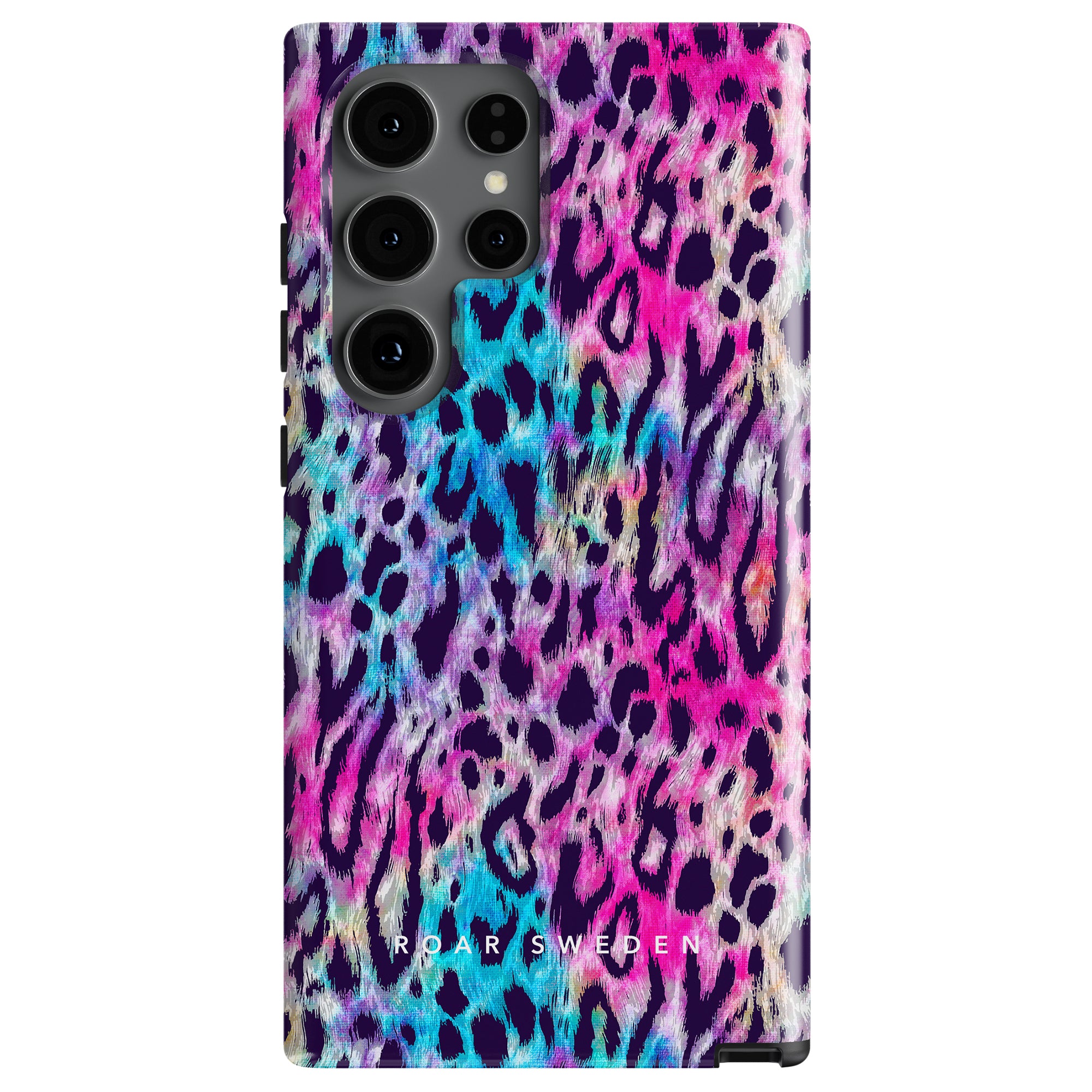 Smartphone with a Vibrant Fur - Tough case featuring a färgglatt djurmönster of multicolored spots in shades of blue, pink, and purple, accompanied by the words "ROAR SWEDEN" at the bottom.