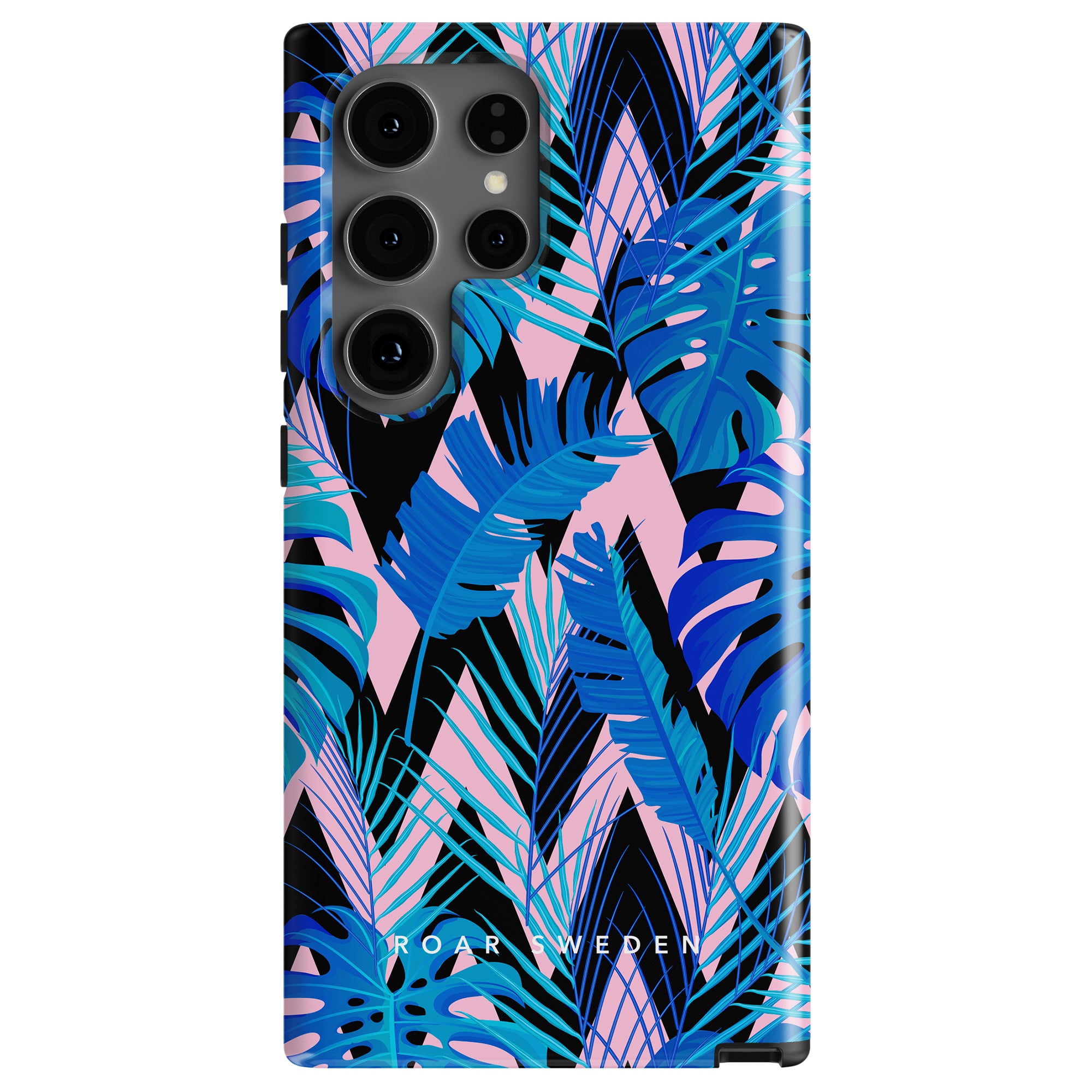 A Zigzag - Tough case with a tropical palmblad design in blue, pink, and black colors. The text "ROAR SWEDEN" is printed at the bottom.