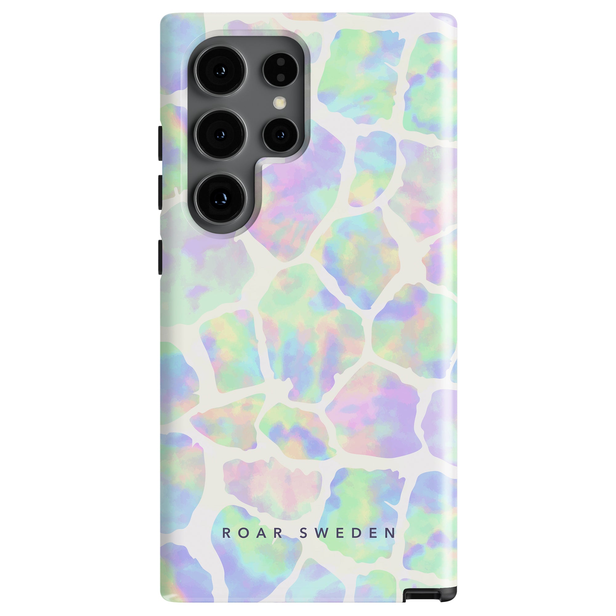 Soap Giraffe - Tough Case with a multicolored, abstract irregular pattern reminiscent of tie dye-konst and "Roar Sweden" text at the bottom. The tough case has precise cutouts for camera lenses and side buttons.