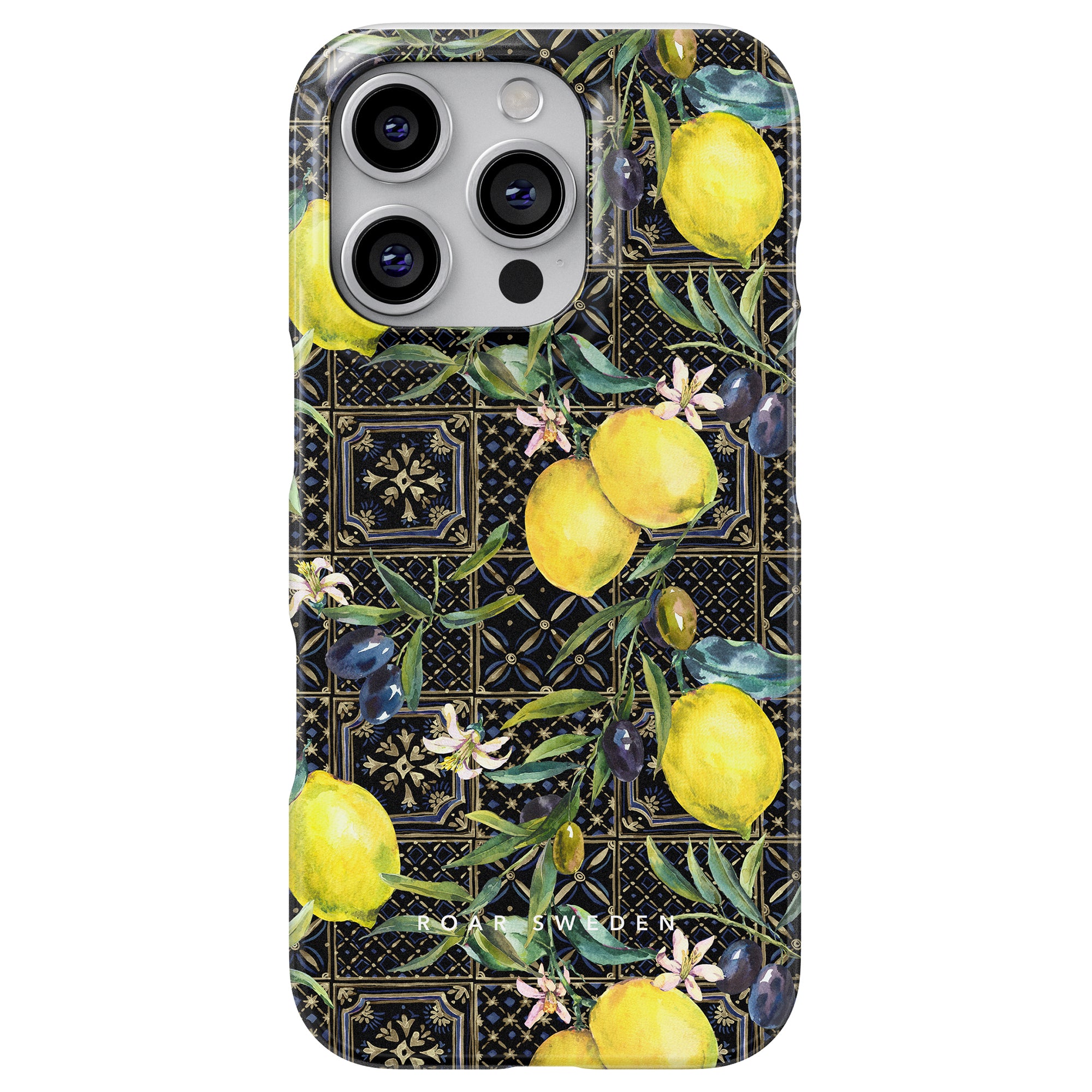 Sorrento Slim Case förstärker din smartphone med italiensk charm, med ett citrontemamönster av löv och blommor mot en mörk geometrisk bakgrund. Omfamna elegansen i italiensk design samtidigt som du skyddar din enhet stilfullt.