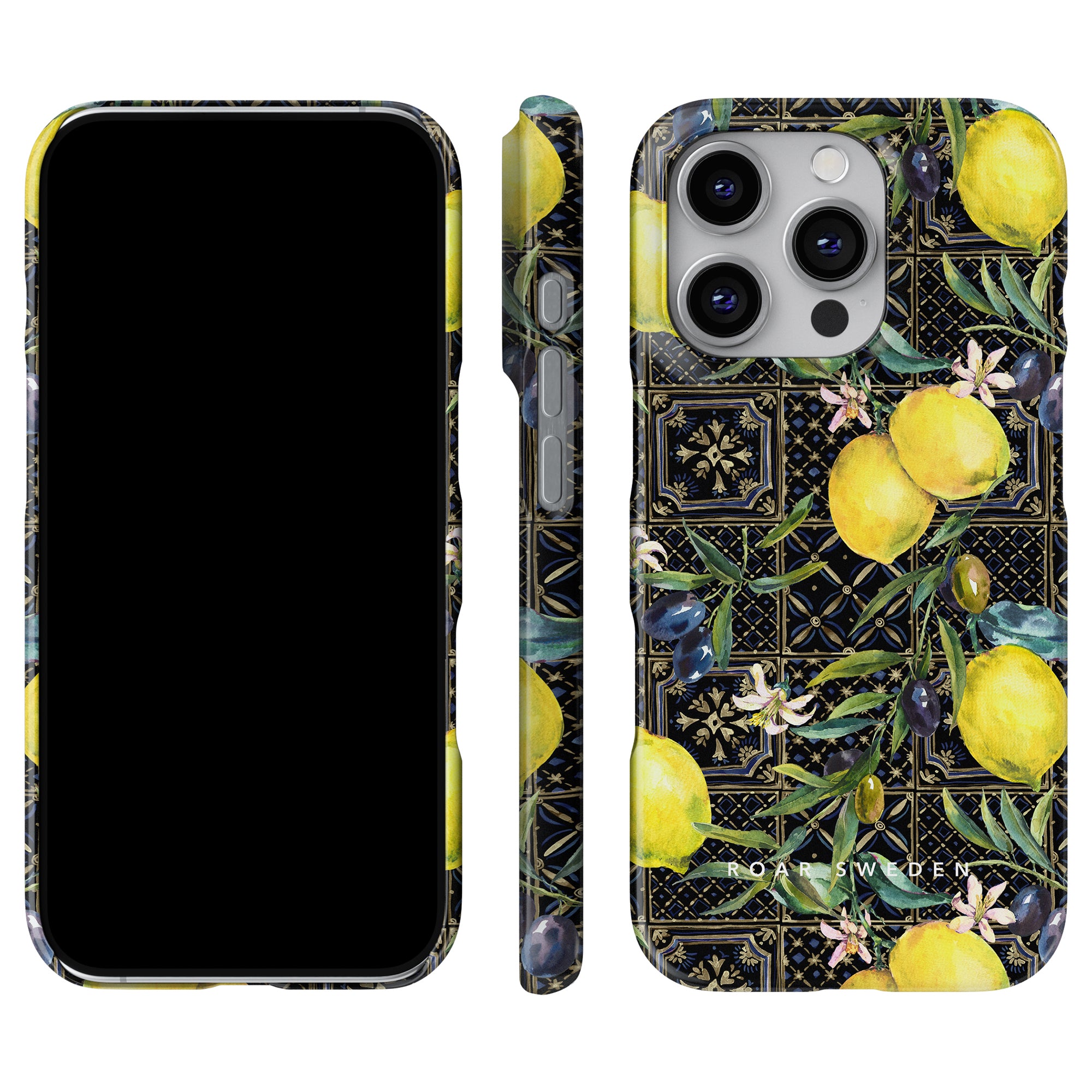 Tre vyer av en smartphone med ett Sorrento Slim Case, med ett dekorativt citron- och blommönster på en mörk bakgrund som utstrålar italiensk charm.