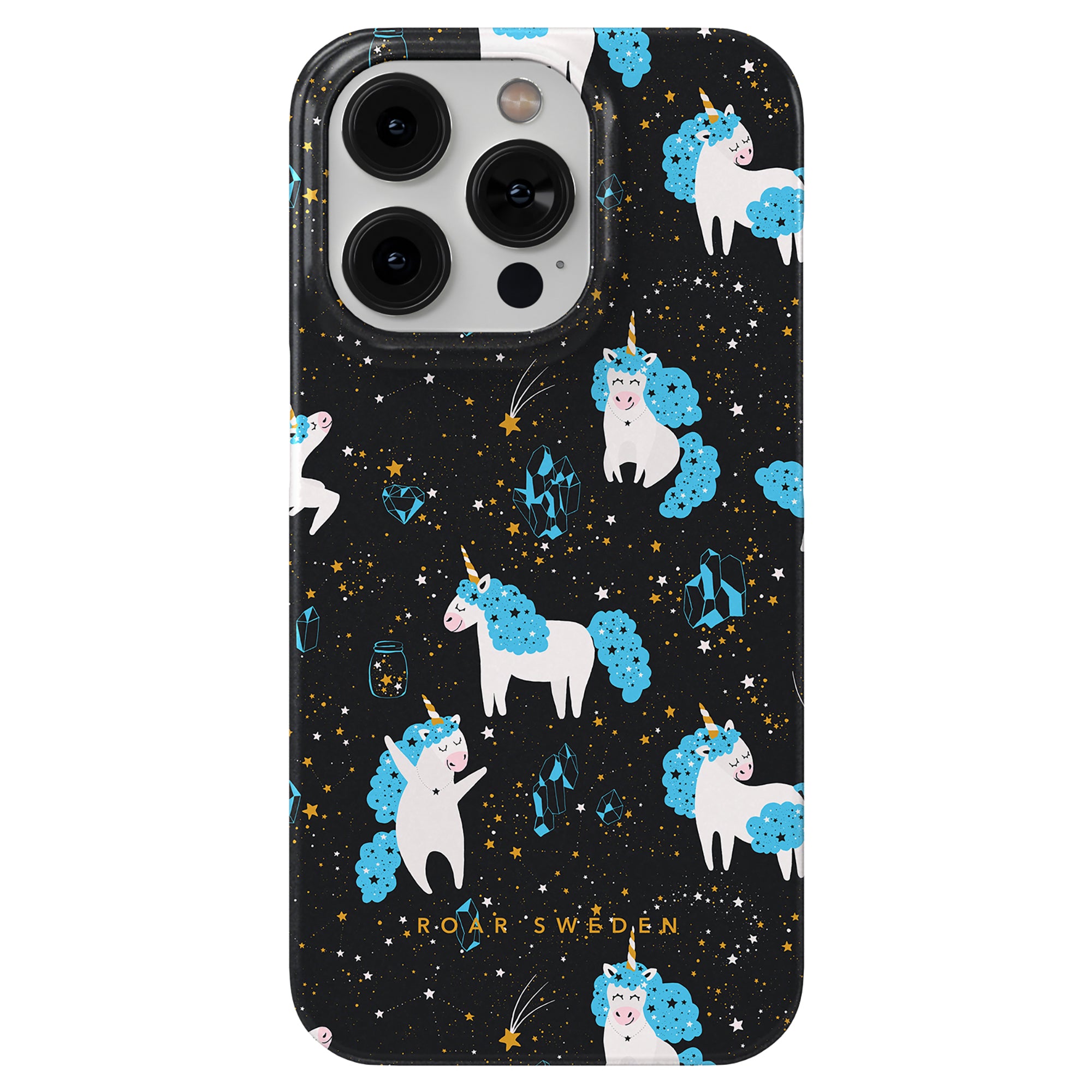 Introducing the "Space Unicorns - Slim Case" from the "Kitty Collection," featuring a whimsical unicorn pattern set against a black starry background with blue gemstones and gold stars. The case elegantly displays the brand name, "Roar Sweden," at the bottom.