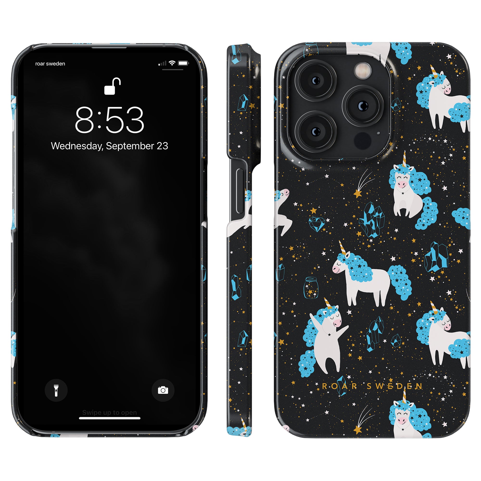 This slim case, named Space Unicorns, showcases a whimsical design of unicorns and stars set against a black background. As part of the Kitty Collection, it adds charm while your phone displays the time 8:53 and date Wednesday, September 23.