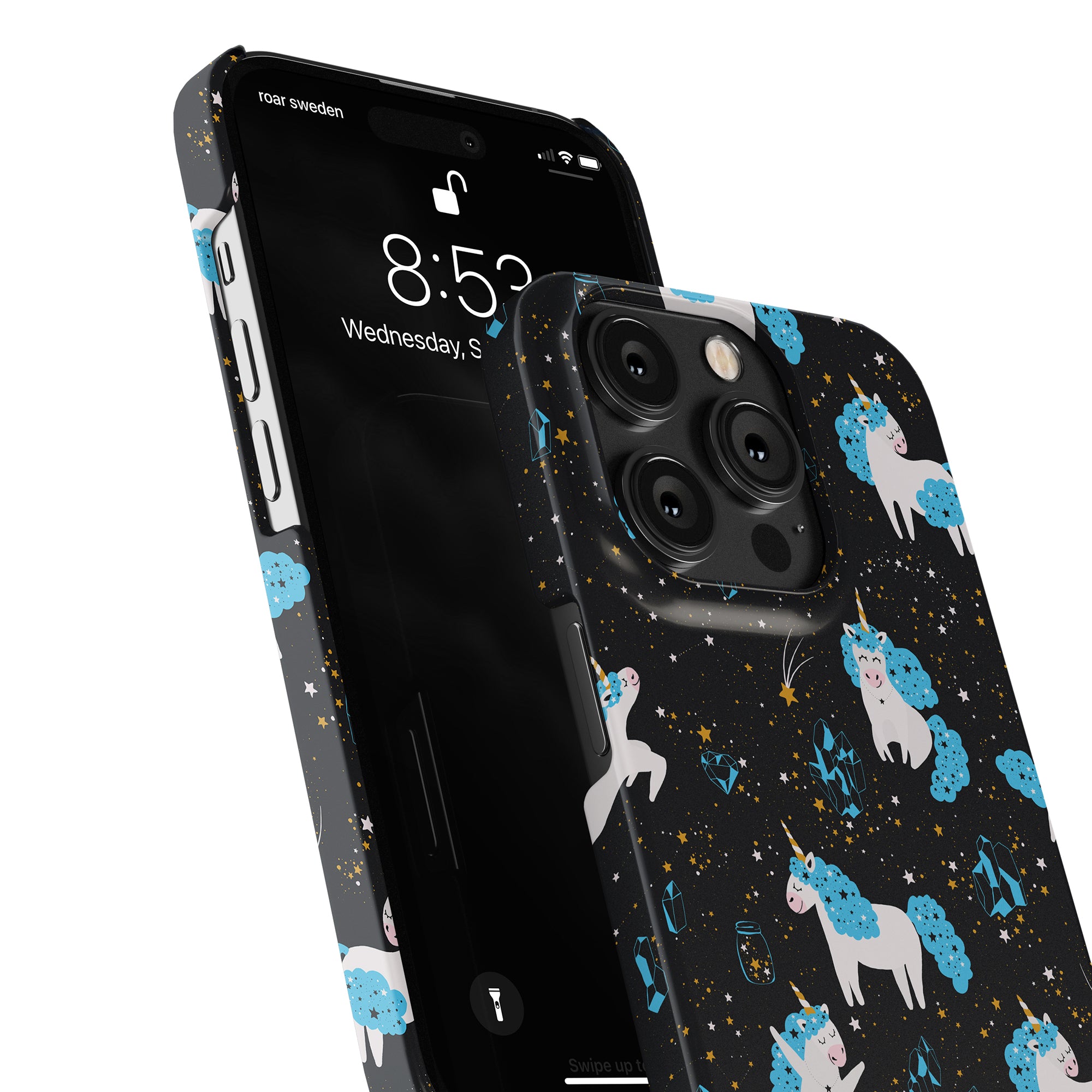 A smartphone, adorned with the sleek Space Unicorns - Slim case in black, rests in hand, its lock screen showing the time 8:52 and the date Wednesday, September 14. The enchanting charm subtly complements a hint of elegance reminiscent of the beloved Kitty Collection.