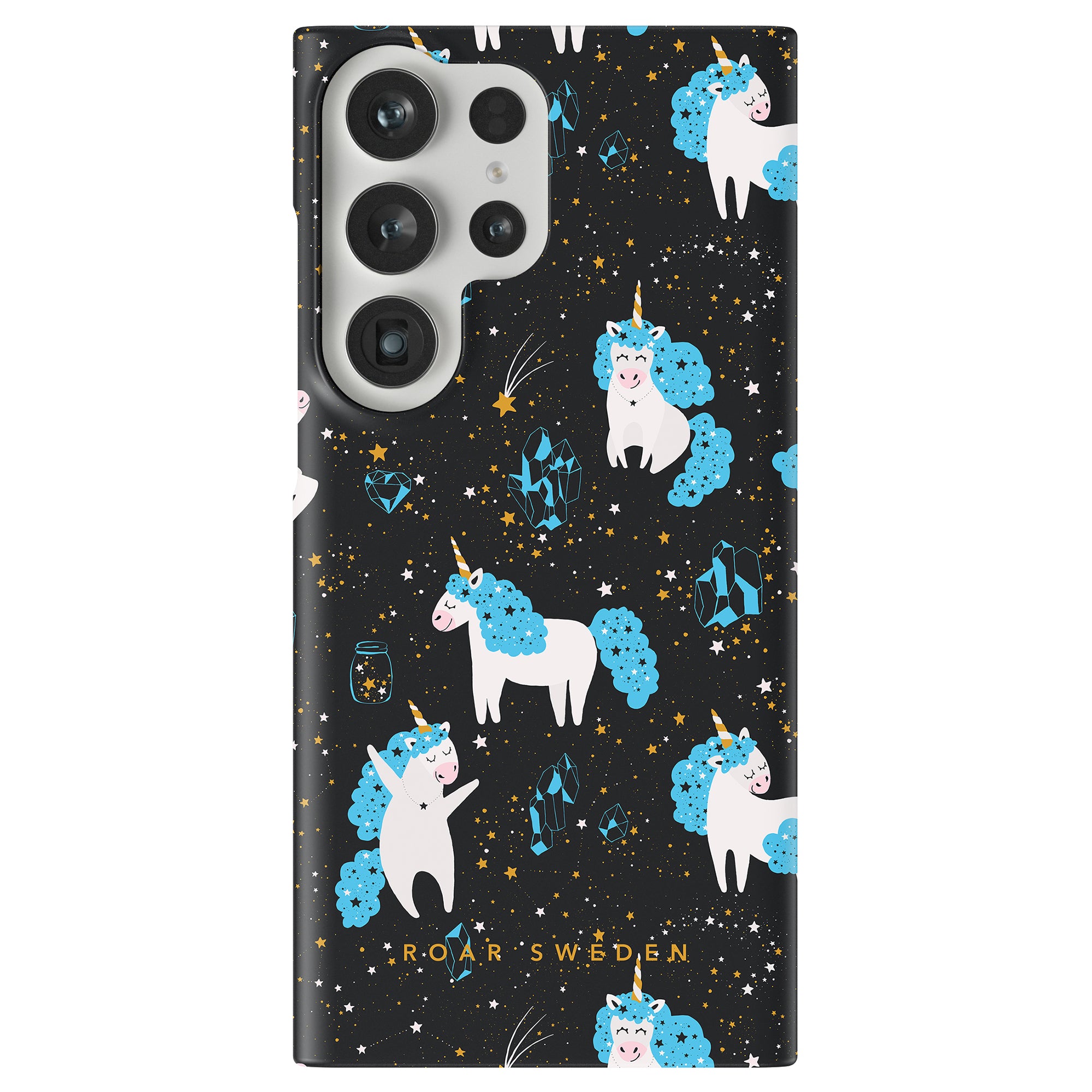 The Space Unicorns - Slim case, part of the whimsical Kitty Collection, features a playful unicorn and stars design on a black background with the text "Roa'r Sweden," adding a touch of magic to your tech.