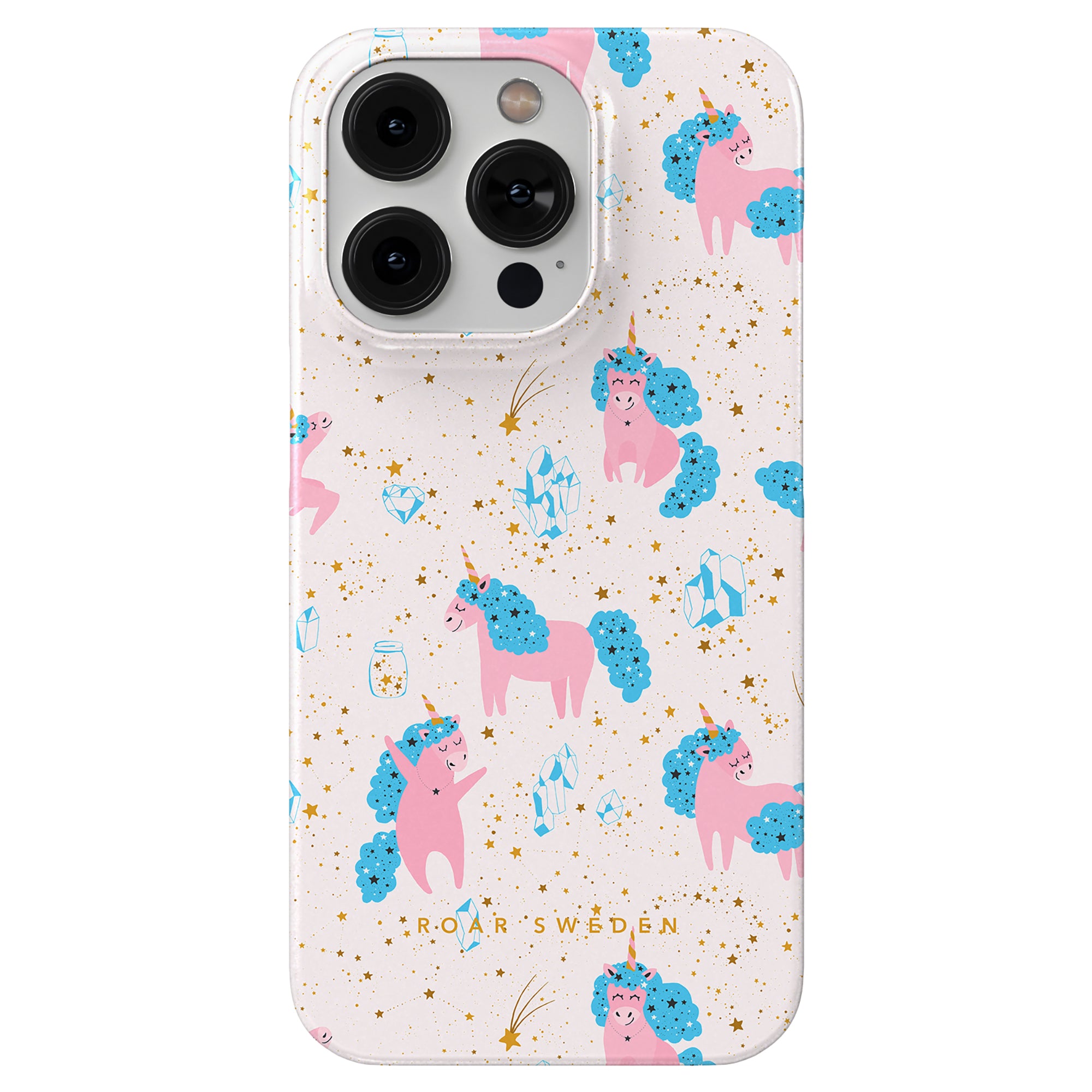 Introducing the Starfall Unicorns - Slim Case from our Fantasy Collection: a phone case featuring pink unicorns with blue manes and gold stars on a pristine white background. The vibrant design whispers magic, proudly displaying the text "ROAR SWEDEN." Embrace the enchantment with this whimsical mobilskal.