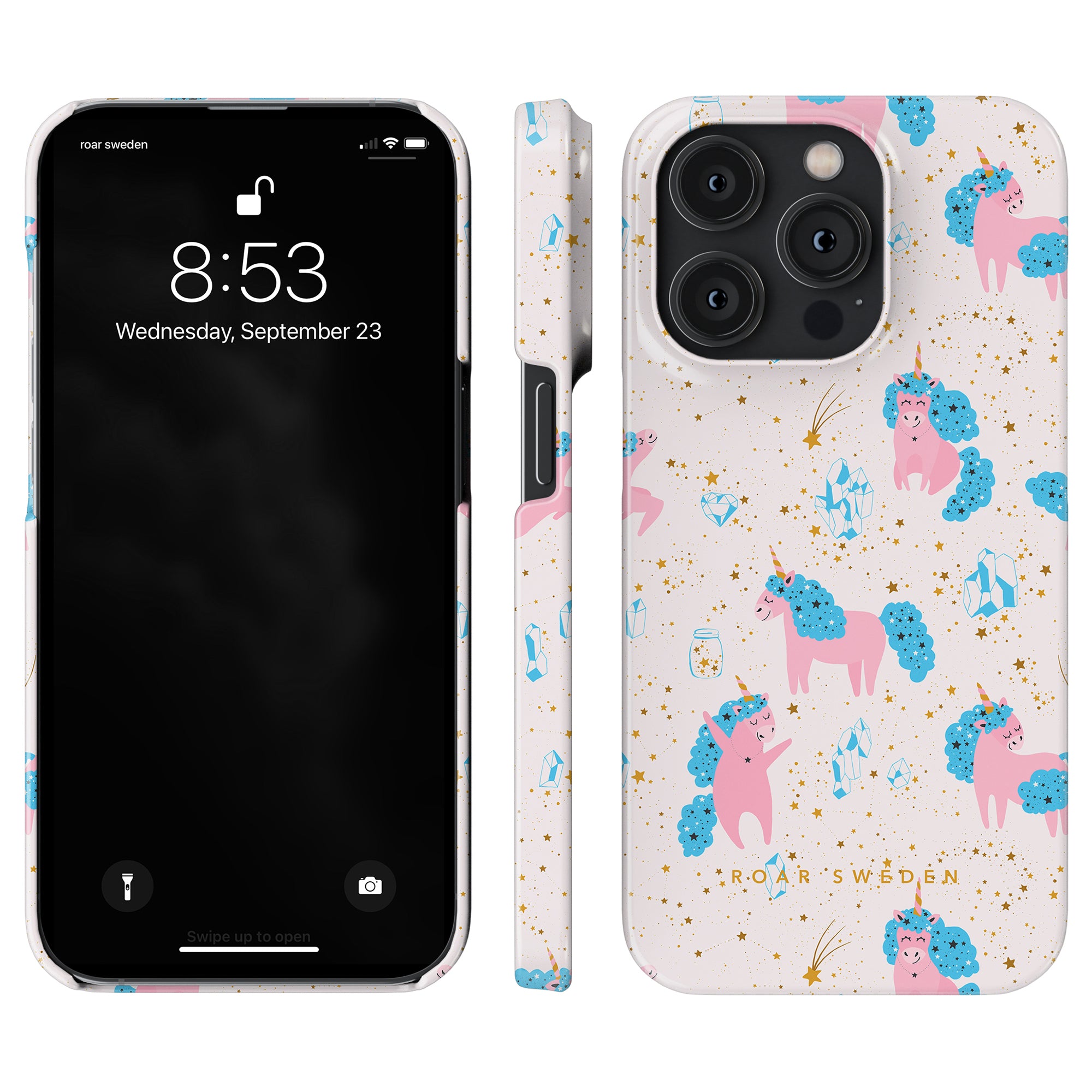 iPhone with a Starfall Unicorns - Slim case from the Fantasy Collection, featuring pink unicorns, blue manes, and gold stars. The screen displays 8:53 and the date is Wednesday, September 23.