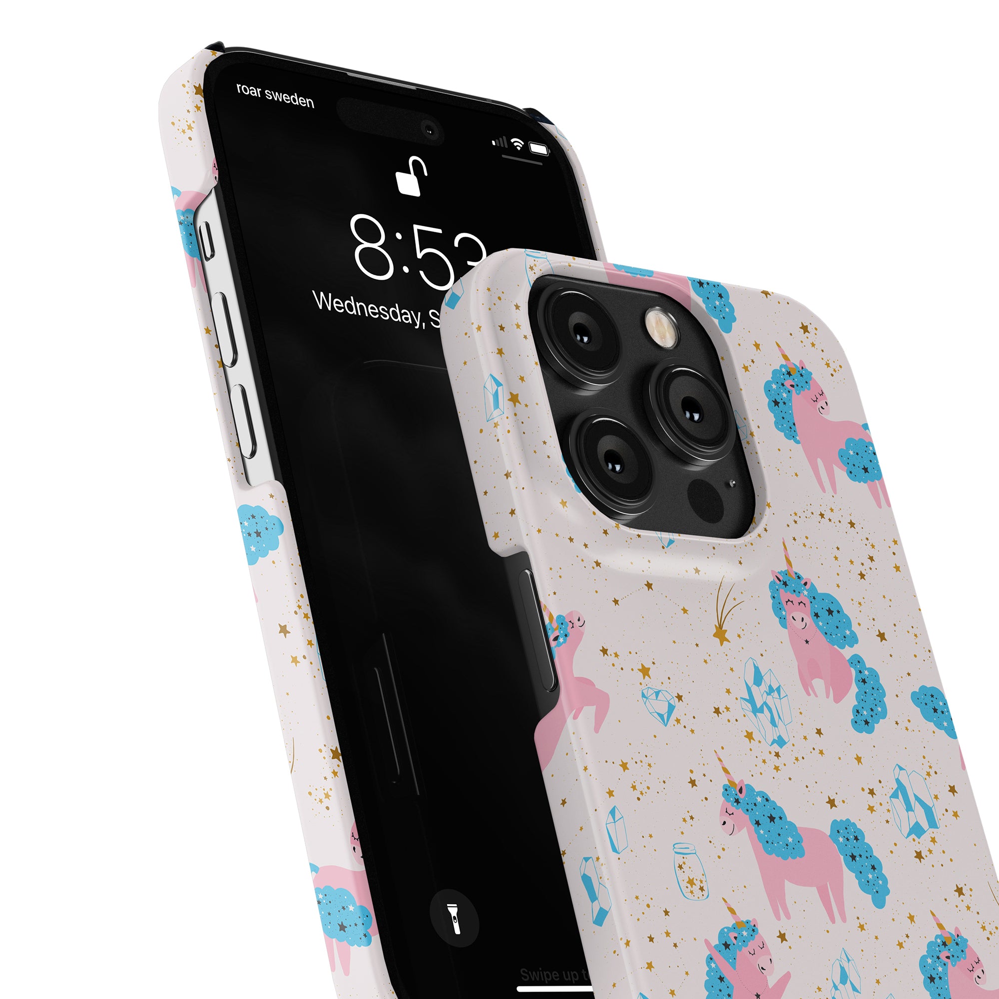 A smartphone encased in a vibrant "Starfall Unicorns - Slim case" from the Fantasy Collection, showcasing a colorful unicorn and star pattern. The lock screen reads 8:53, with the date set to Wednesday, September 5.