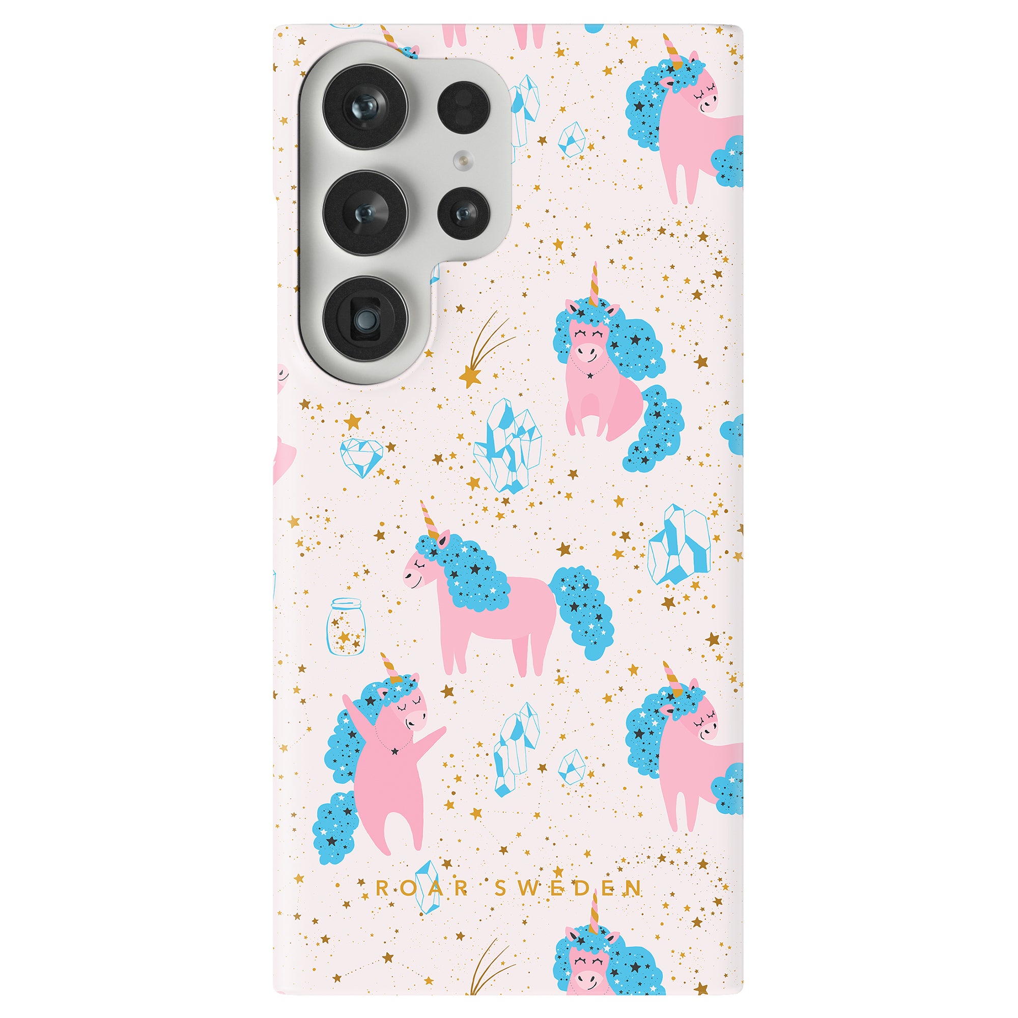 Introducing our Starfall Unicorns - Slim case from the Fantasy Collection, featuring a delightful pattern of pink unicorns with blue manes. Surrounded by shimmering diamonds and stars on a light background, this phone case captures whimsical magic with every glance.