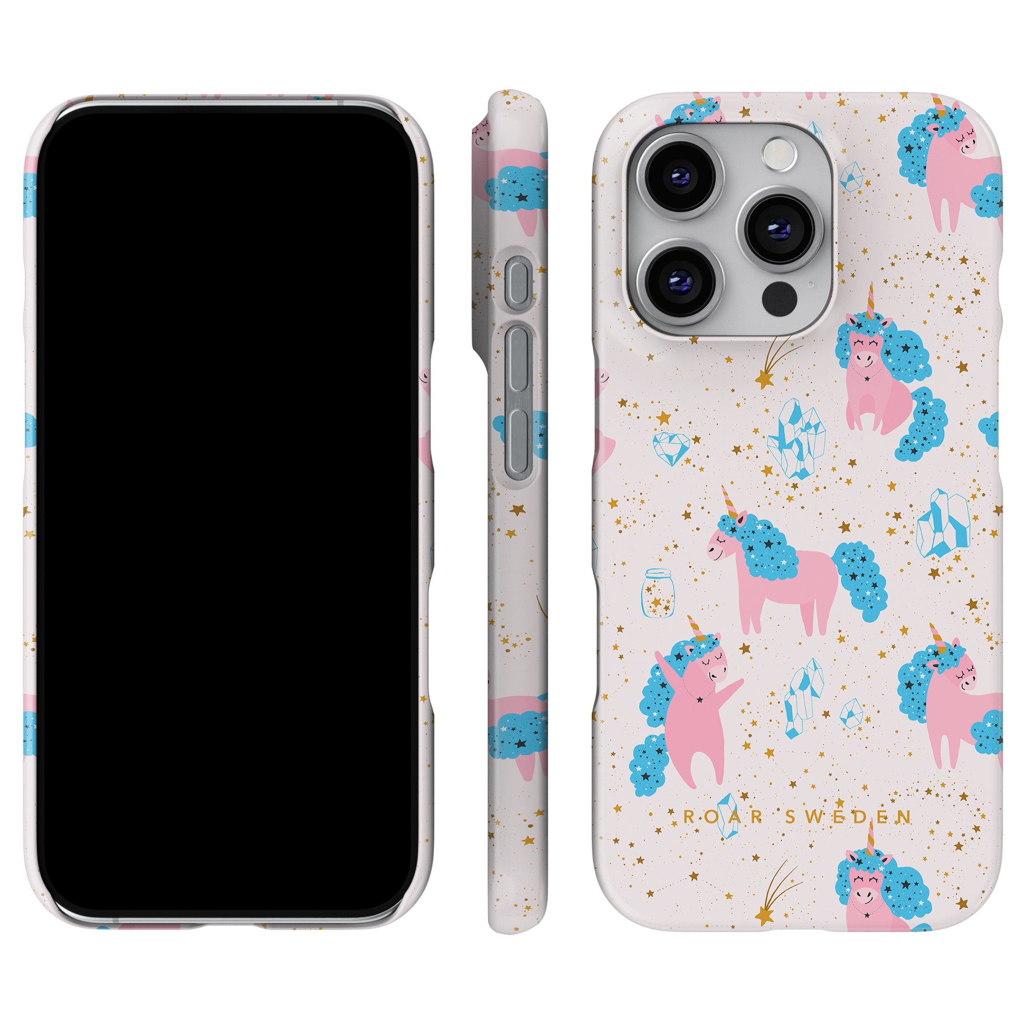 Introducing the Starfall Unicorns Slim Case: a phone case featuring delightful pink unicorns, shimmering blue manes, and gold stars on a pristine white background, beautifully showcased from front to back.