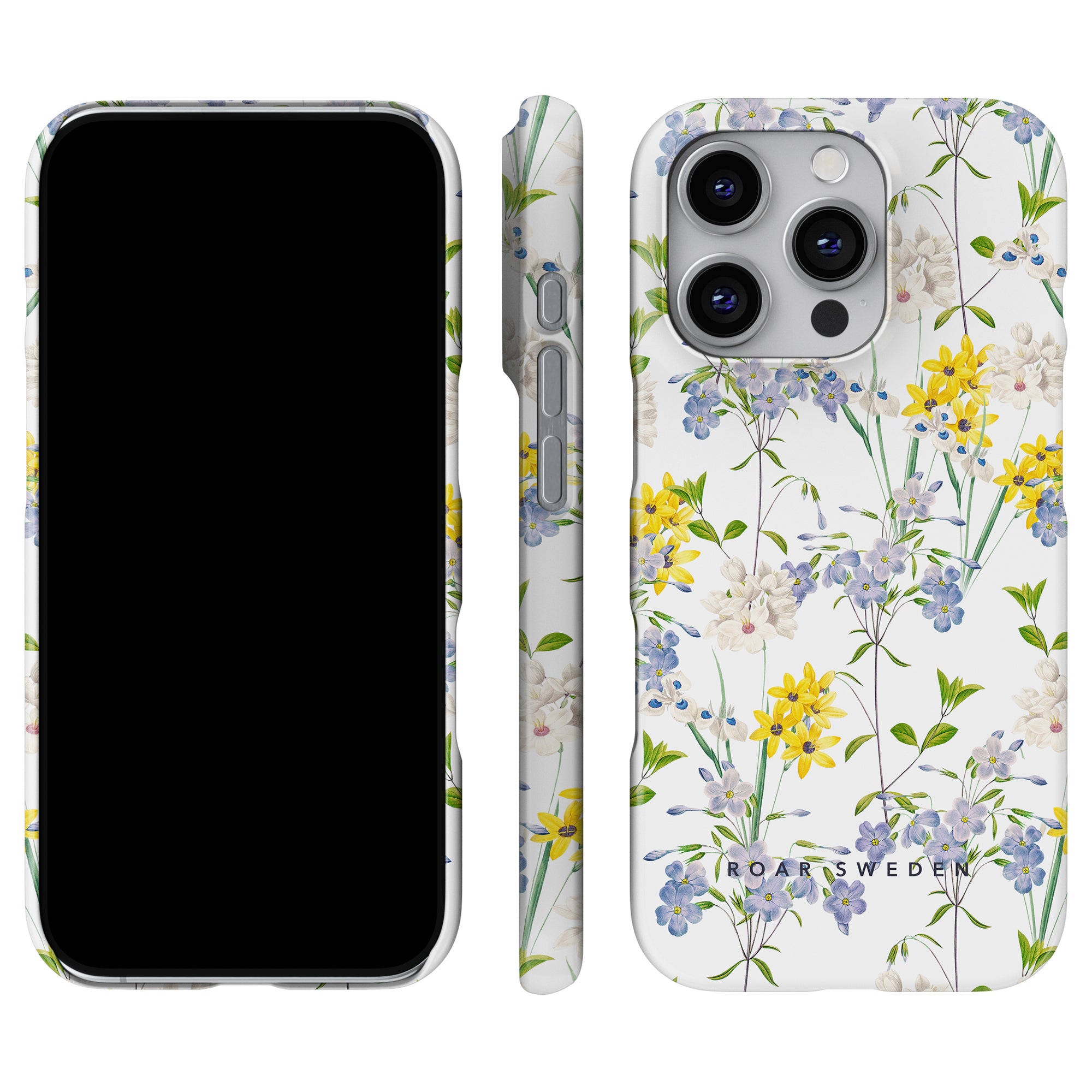 Vi presenterar "Summer Flowers - Slim Case", ett smartphonetillbehör från den exklusiva Midsommarskal-kollektionen. Detta fodral speglar vackert charmen hos en svensk sommaräng, prydd med ett utsökt blommönster med blå, gula och vita blommor i full blom. Elegant utsikt över både fram- och baksidan visas i denna sofistikerade design.