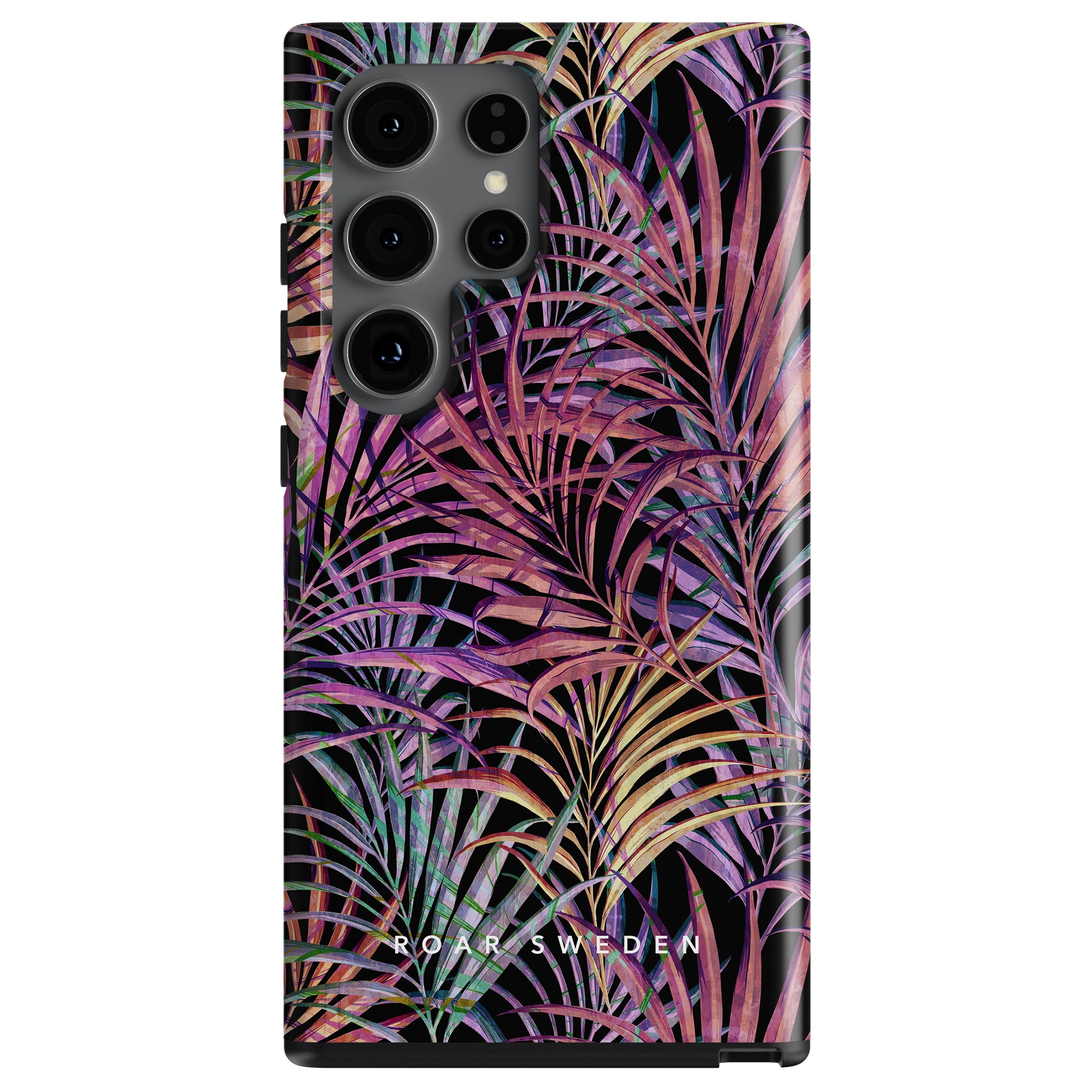 A smartphone with a colorful Summer Palms - Tough Case featuring multiple camera lenses.