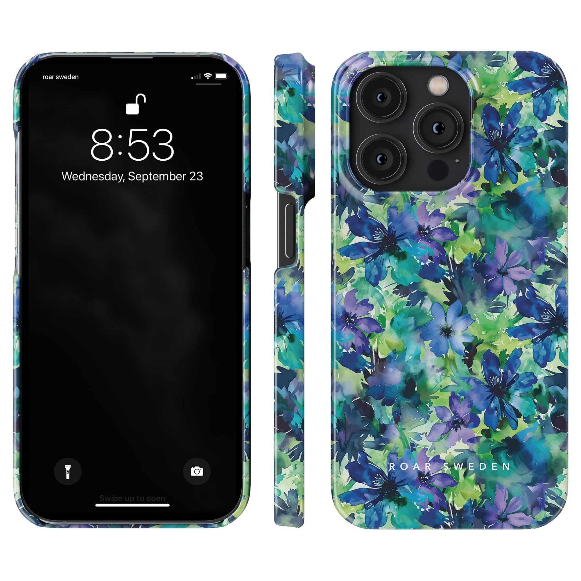 Sweet Flower - Slim case shown from three angles: front, side, and back. The time on the screen reads 8:53 with the date Wednesday, September 23. Part of the Floral Collection, the case features blue and green flowers in a beautiful blommönster design.