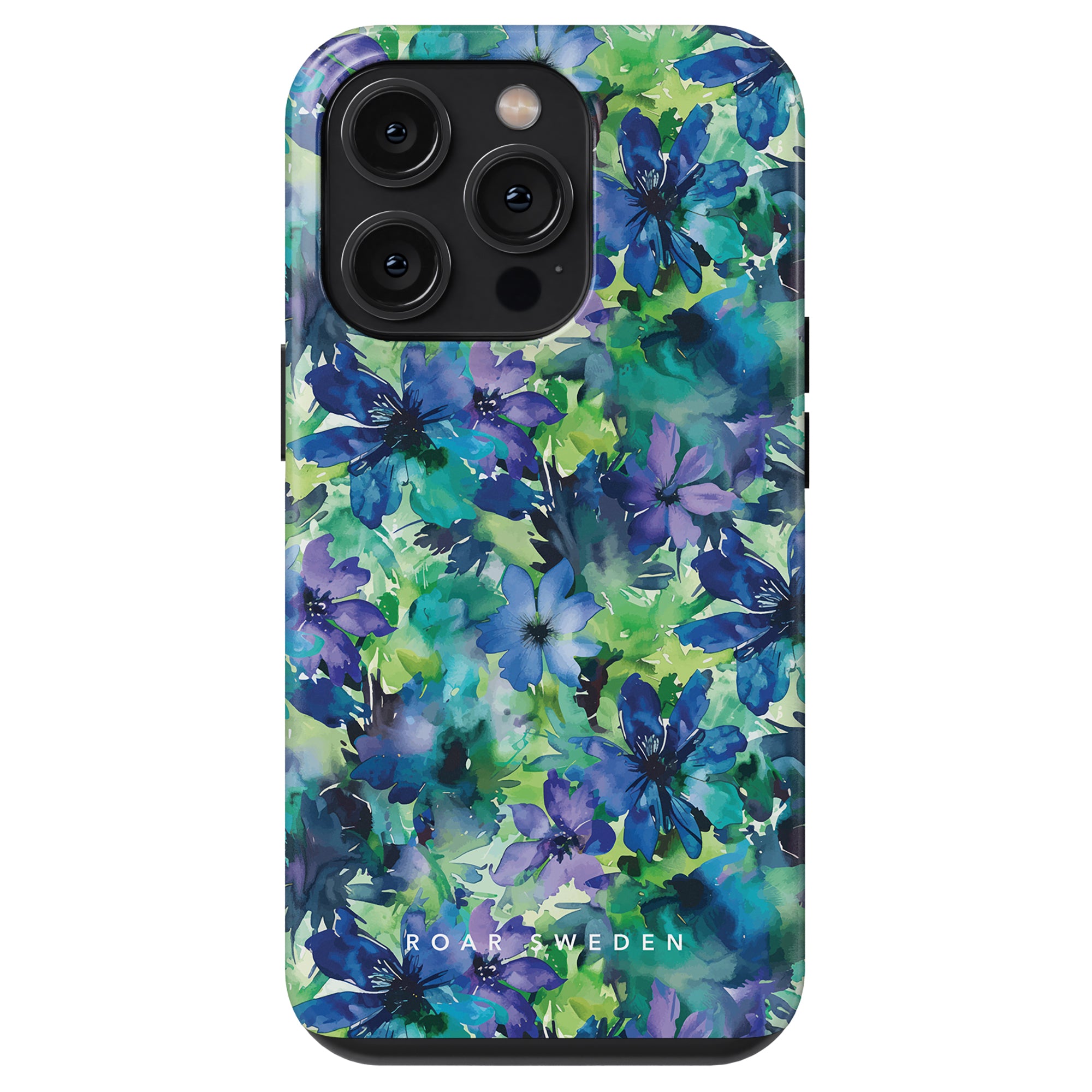 Smartphone with a floral-patterned case from the Sweet Flower - Tough Case, featuring shades of blue, green, and purple flowers. The camera module has three lenses, and the tough case has the text "Roar Weden" near the bottom.