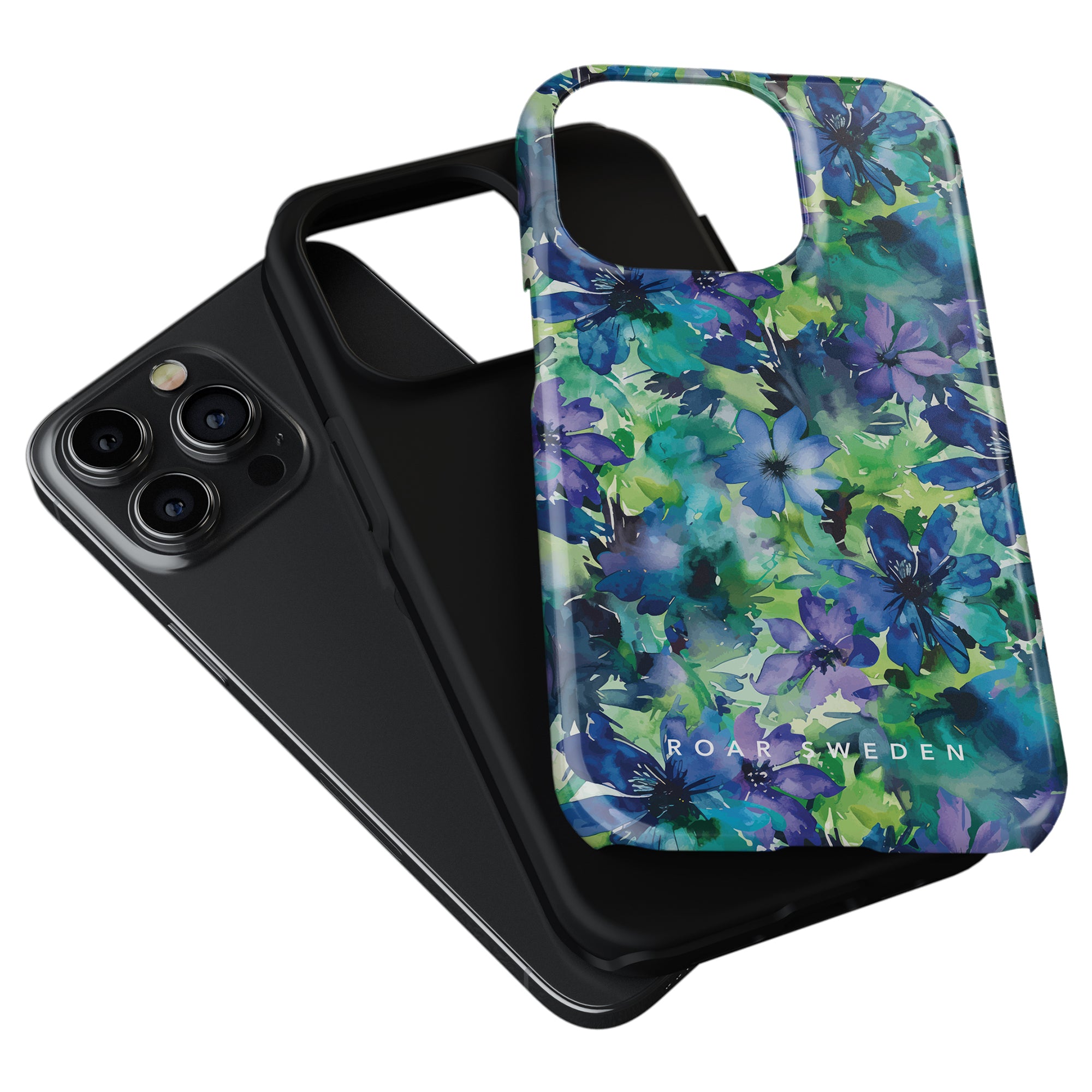 An iPhone with a black case underneath a vibrant floral-patterned phone case from the "Sweet Flower - Tough Case," marked "ROAR SWEDEN.