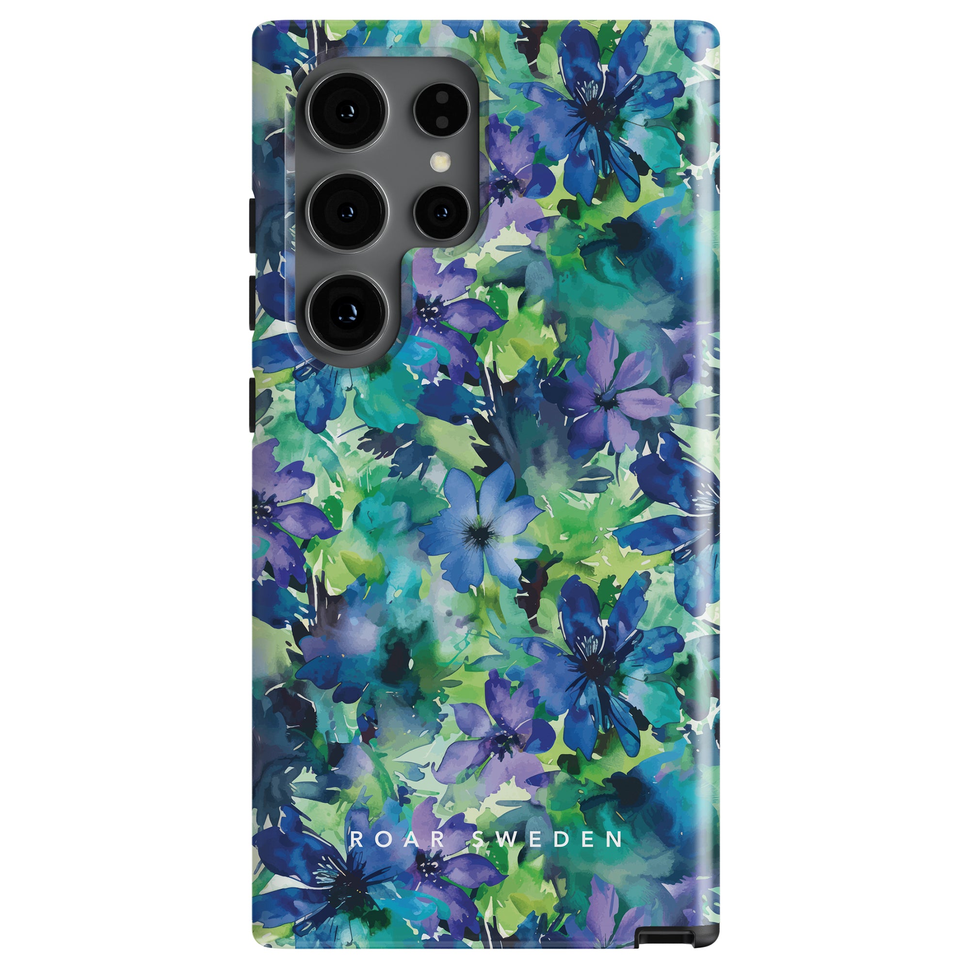 A Sweet Flower - Tough Case from the Floral Collection features a sweet flower blue and green design with "ROAR SWEDEN" at the bottom. The camera cutout is visible on the upper left side, offering both style and functionality.