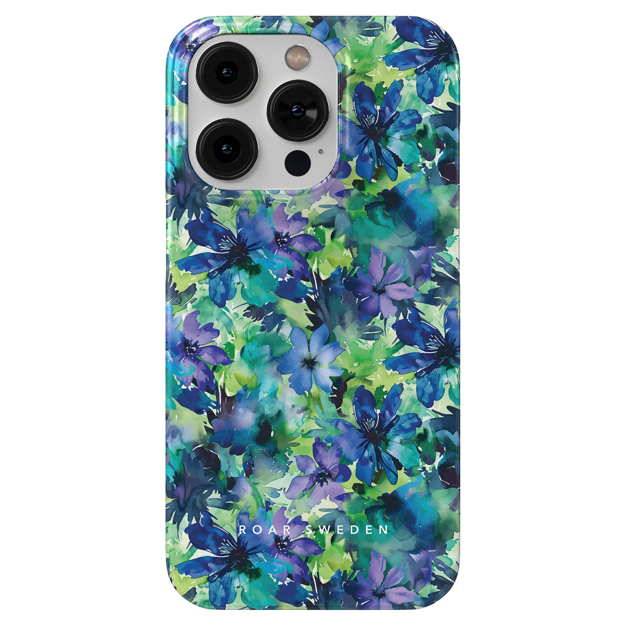 A smartphone with a blue, green, and purple blommönster case and three camera lenses on the back. The Sweet Flower - Slim Case has "ROAR SWEDEN" written at the bottom.