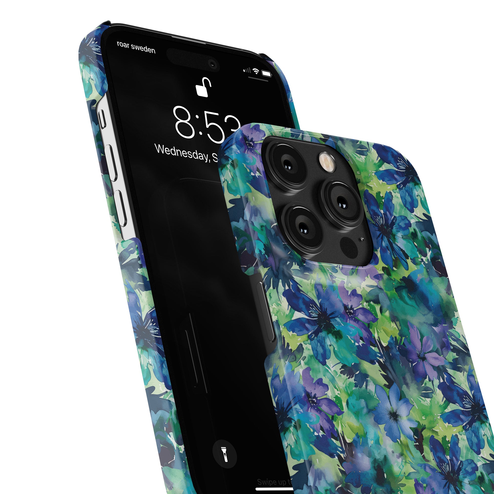 A smartphone with a colorful Sweet Flower - Slim case from the Floral Collection is shown. The screen displays the time as 5:48 on Wednesday, September 19.