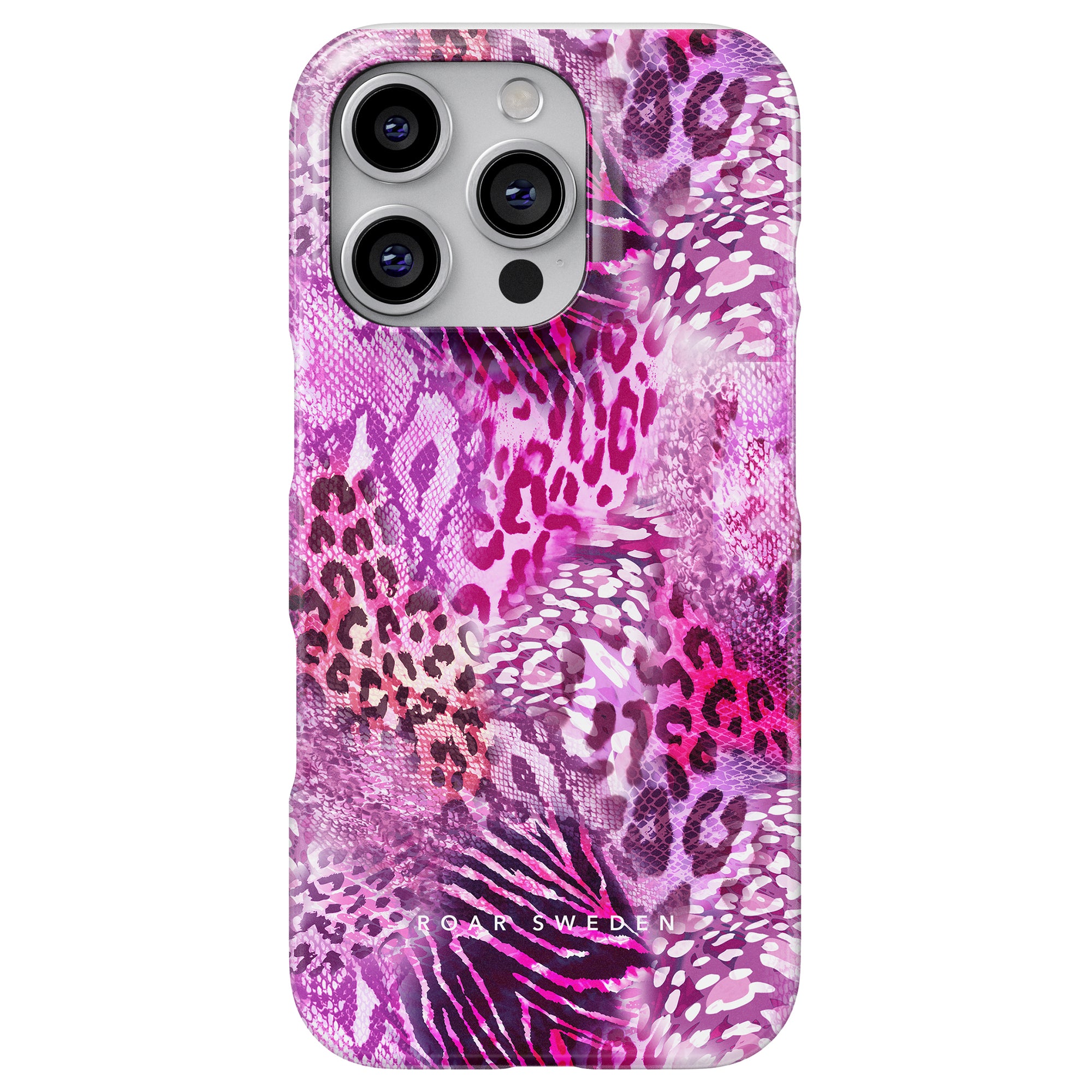 Vi presenterar en smartphone med Swirl Leopard - Slim fodral, med ett rosa och lila djurmönster som speglar din kreativa livsstil.