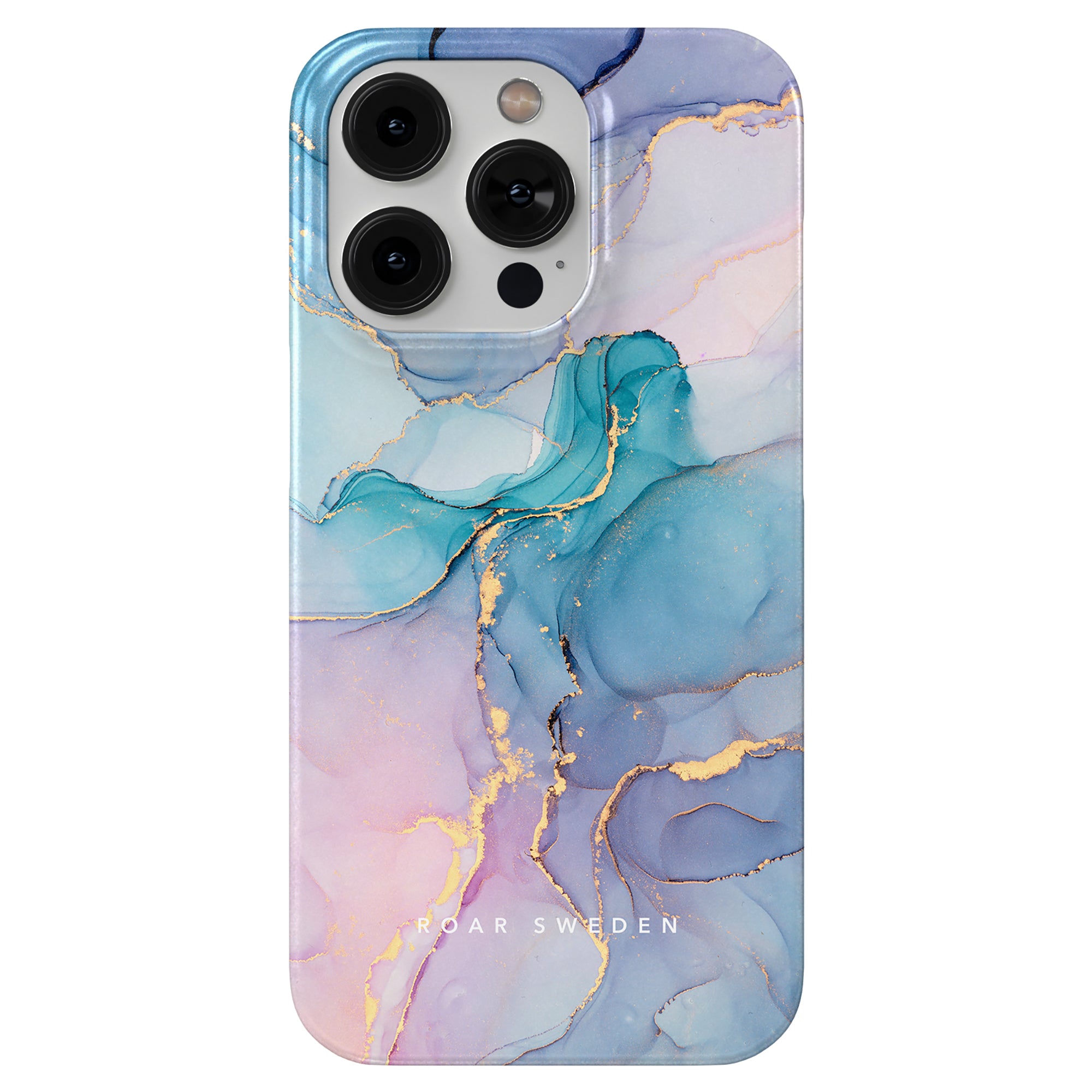 A smartphone encased in the Swirl - Slim case, featuring a colorful abstract marble pattern with shades of blue, pink, and gold. The bottom is adorned with "ROAR SWEDEN," highlighting their iconic design.