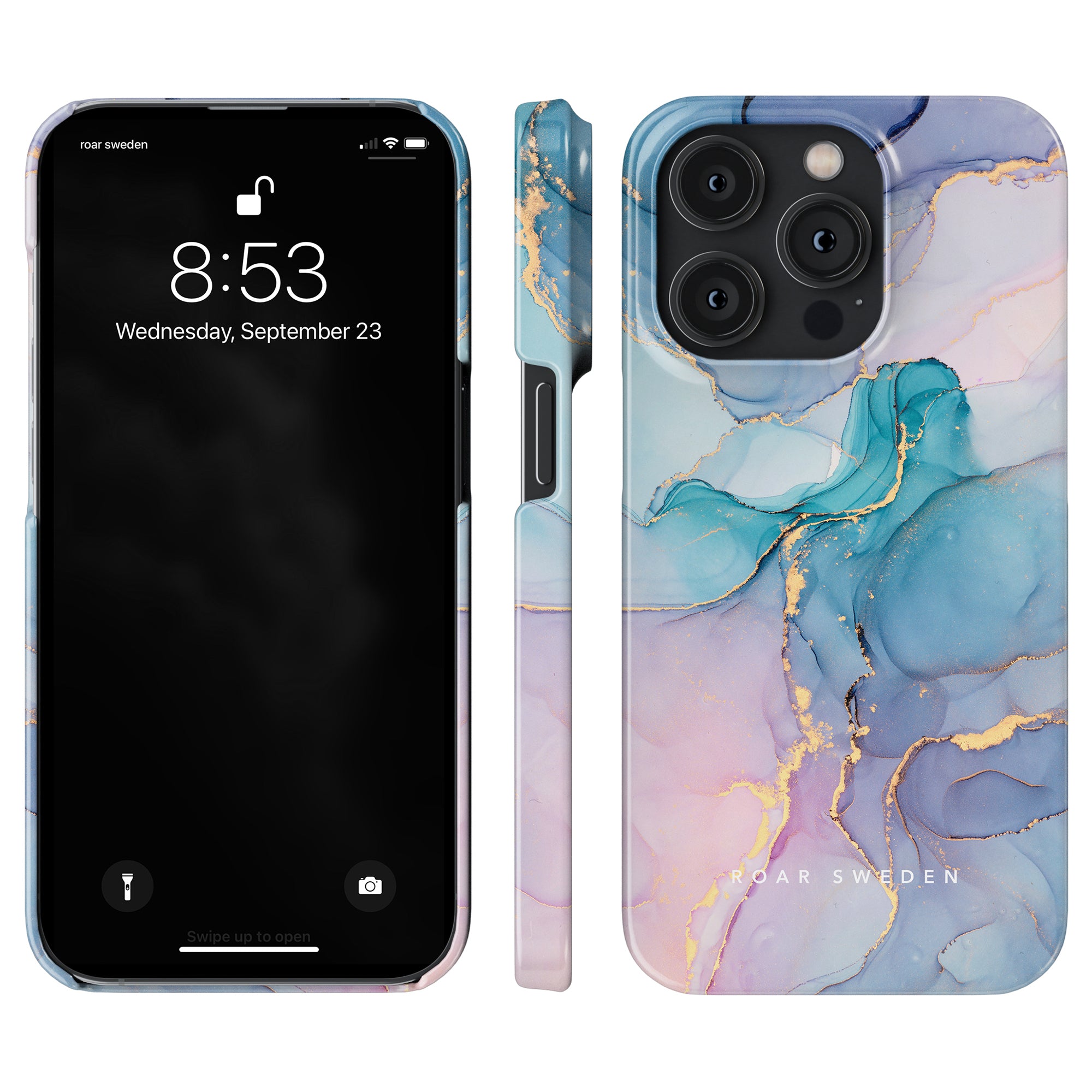 A smartphone with a black screen is shown next to the Swirl - Slim case, which features an abstract marble pattern in blue, pink, and gold hues, displayed from the back and side.