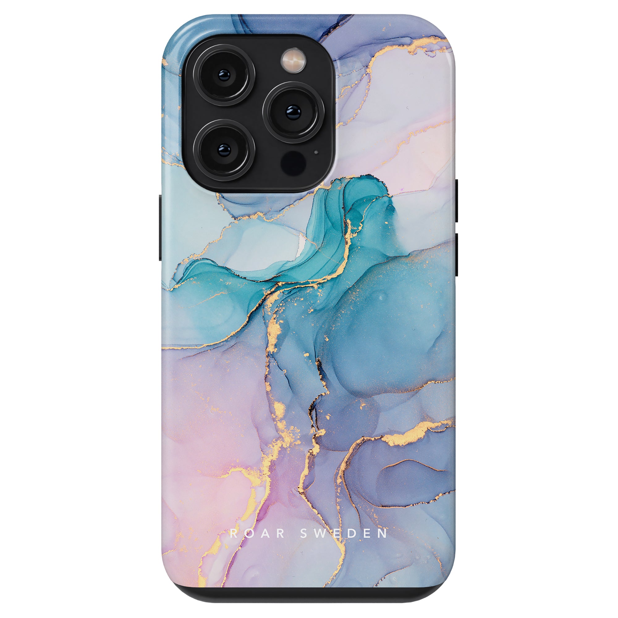 Introducing the Swirl - Tough Case: a smartphone accessory that showcases a distinctive marbled design in shades of blue, pink, and gold. Known under the brand "Roar Sweden," this case merges style with hållbarhet, providing durability while keeping your phone protected and visually appealing.