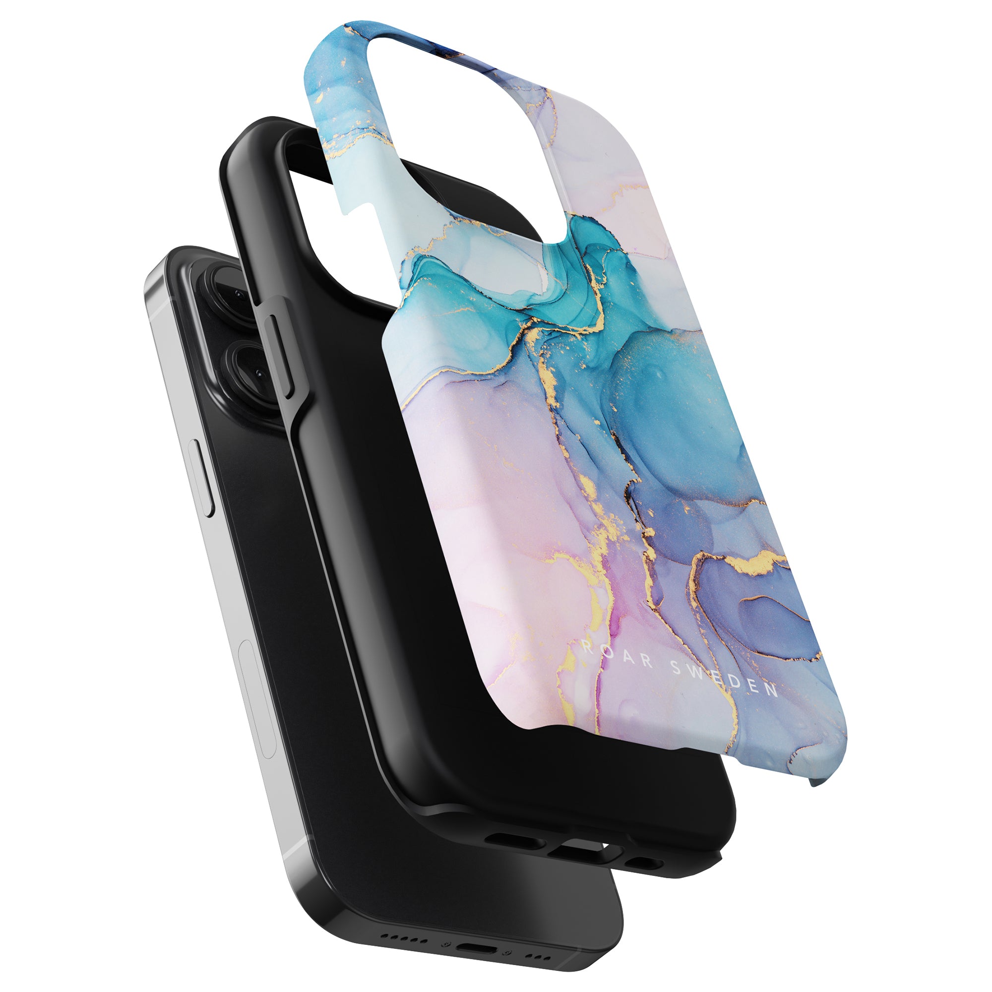 Three phone cases are stacked. The top one features a unique design with a blue and pink marble pattern, the middle one boasts the durability of sleek black, and the bottom one is the Swirl - Tough Case for your phone.