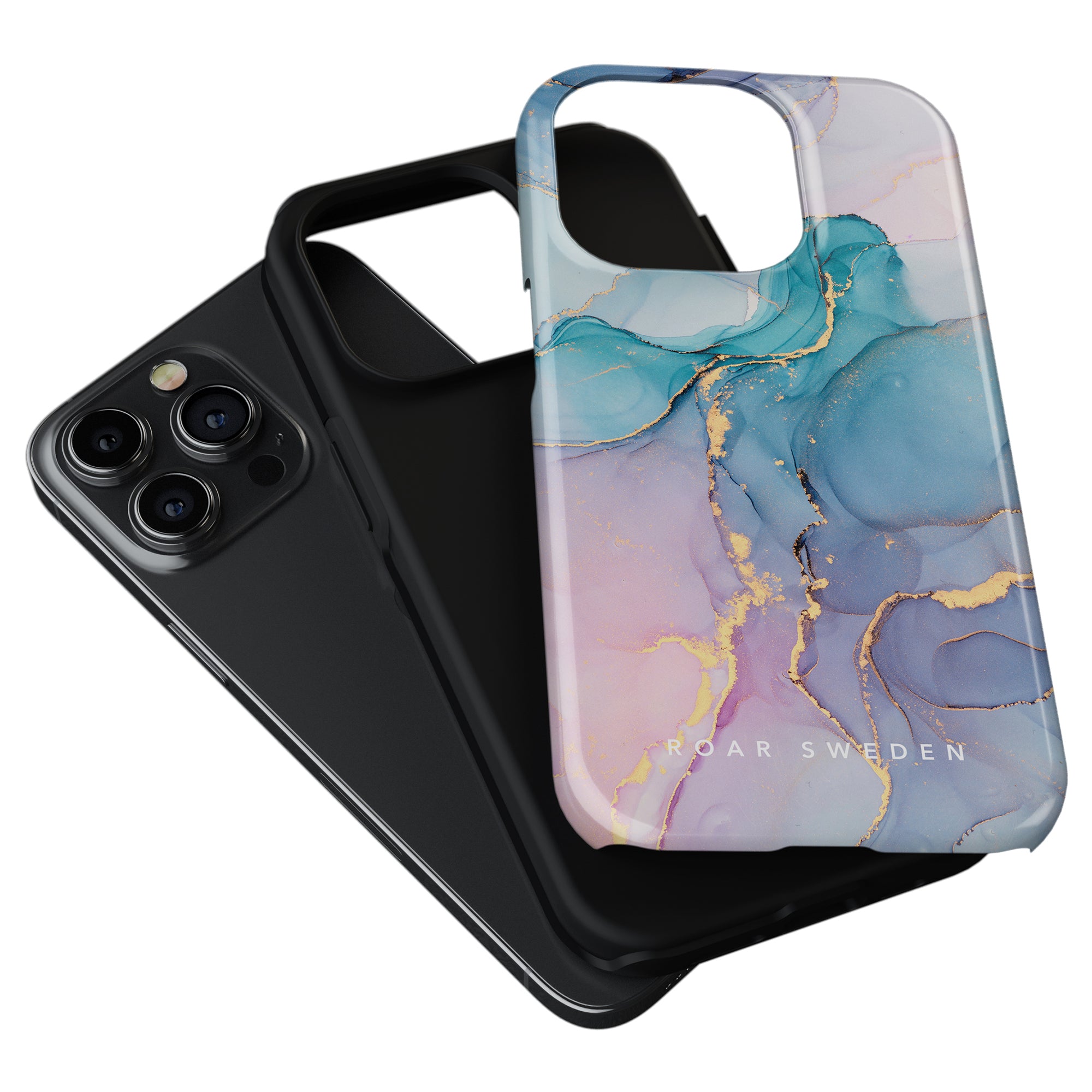 Two smartphone cases are featured: the Swirl - Tough case, showcasing a unique marble pattern in blue and pink with gold accents, and another in plain black, elegantly positioned over a smartphone for both style and durability.