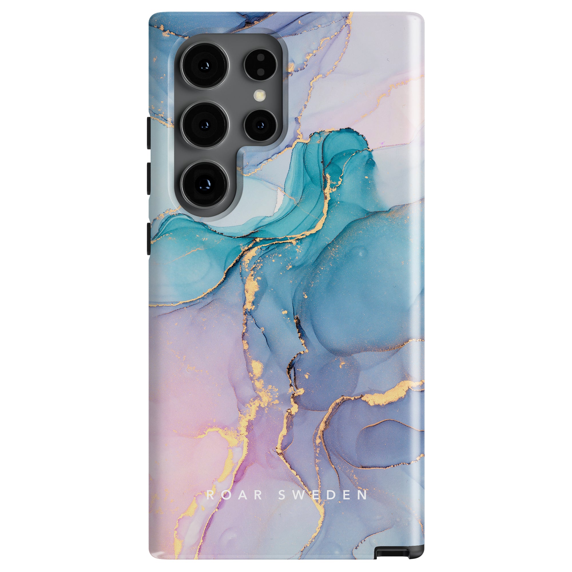 Introducing the Swirl - Tough Case, a smartphone case featuring a marbled design in blue, pink, and gold tones. Emblazoned with "ROAR SWEDEN," it combines hållbarhet with a unik design for both style and durability.