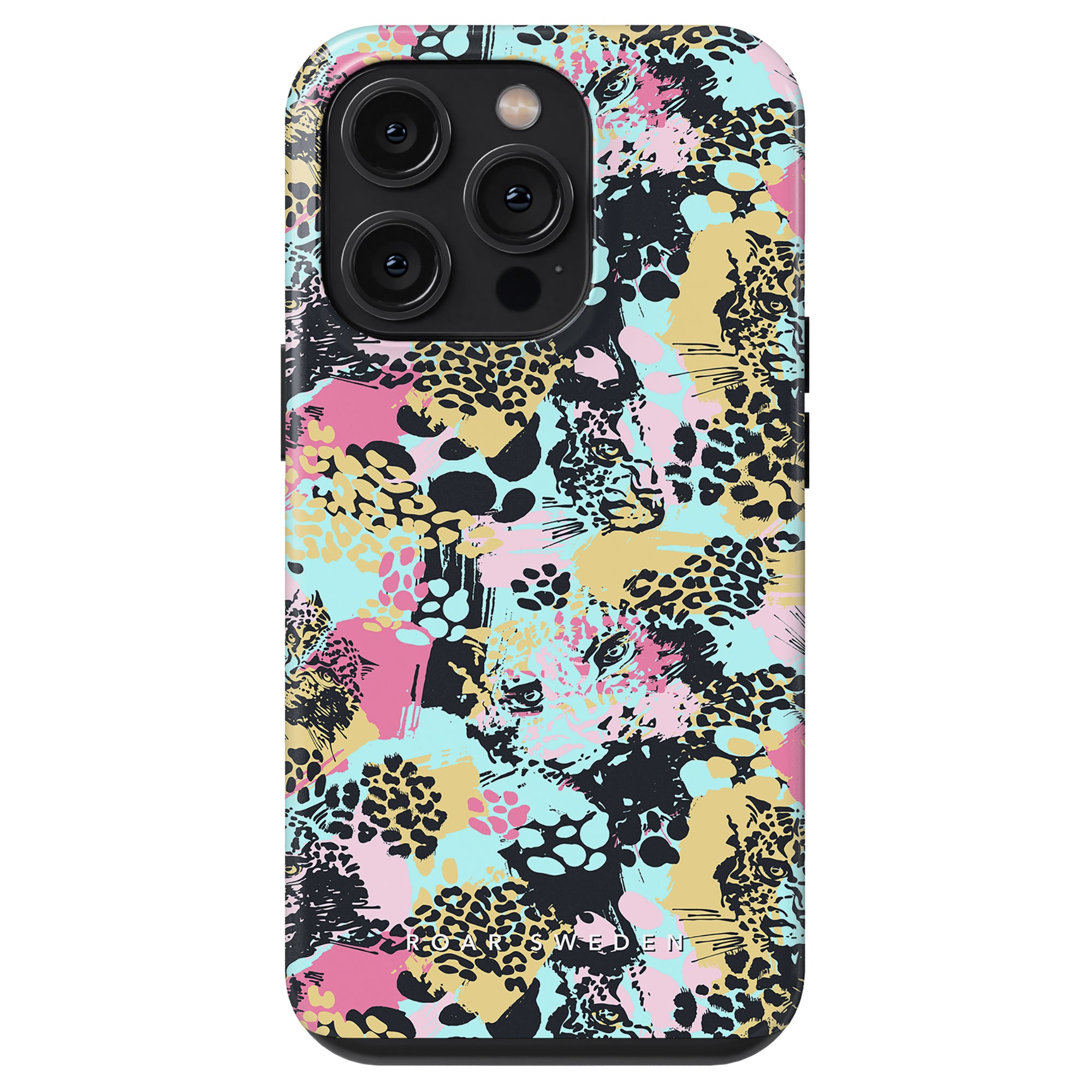 Bite - Tough Case from the hybrid kollektion with a vibrant animal print pattern featuring leopard spots and abstract splashes in pink, yellow, and black, designed for a model with three camera lenses.
