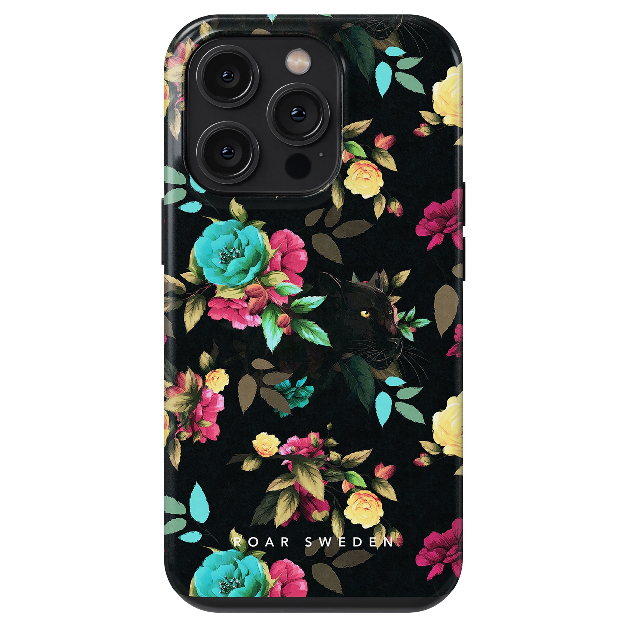 Black smartphone case with a floral pattern featuring colorful roses and a small hidden rabbit, branded as "Bloom Panther" tough case.