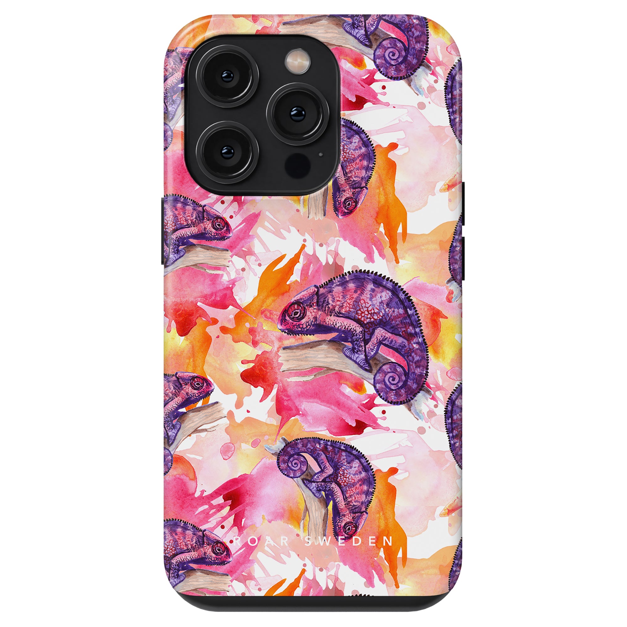 Colorful chameleon Tough Case with camera cutouts.