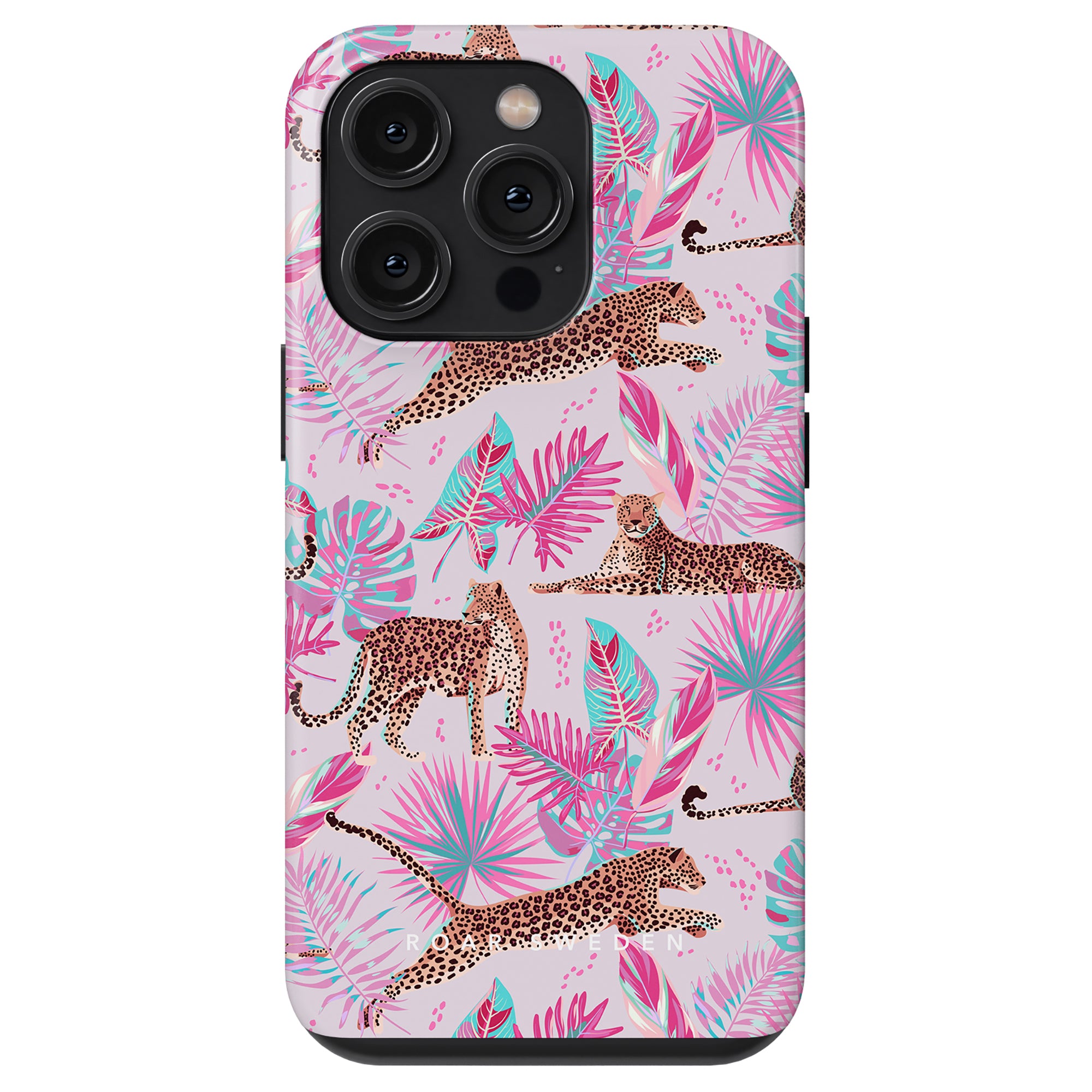 Chill - Tough Case featuring a pink background with a tropical leaf and Leopard kollektion design and cutouts for camera lenses.