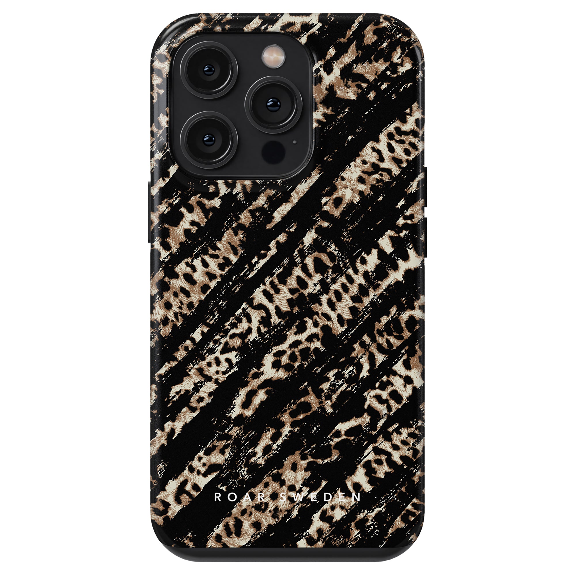 A Claws - Tough Case with a leopard print and striped pattern featuring the logo "roar sweden" at the bottom.