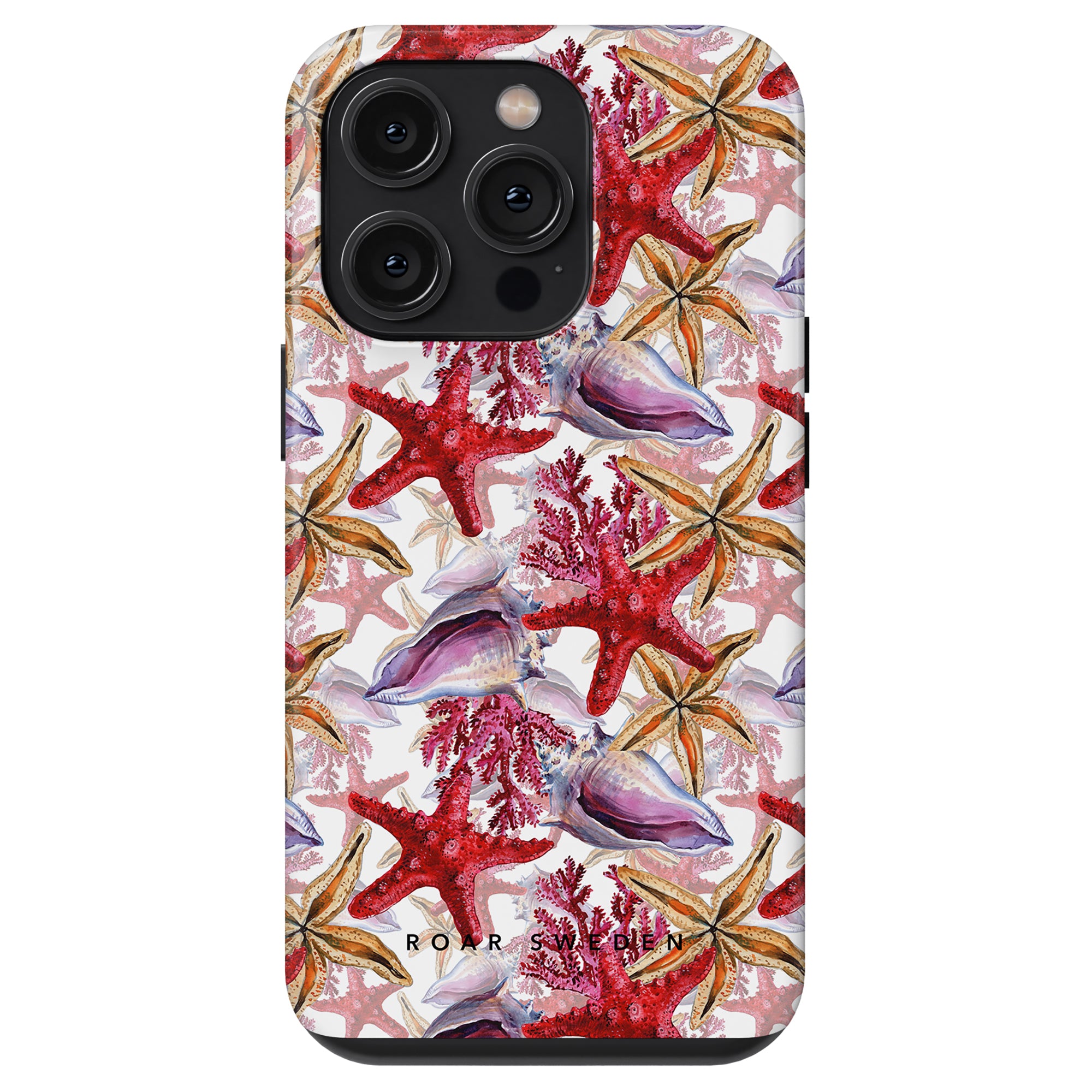 A Coral Reef - Tough Case from the ocean collection, featuring coral reef, starfish, and seashells design, compatible with an iPhone with dual cameras.