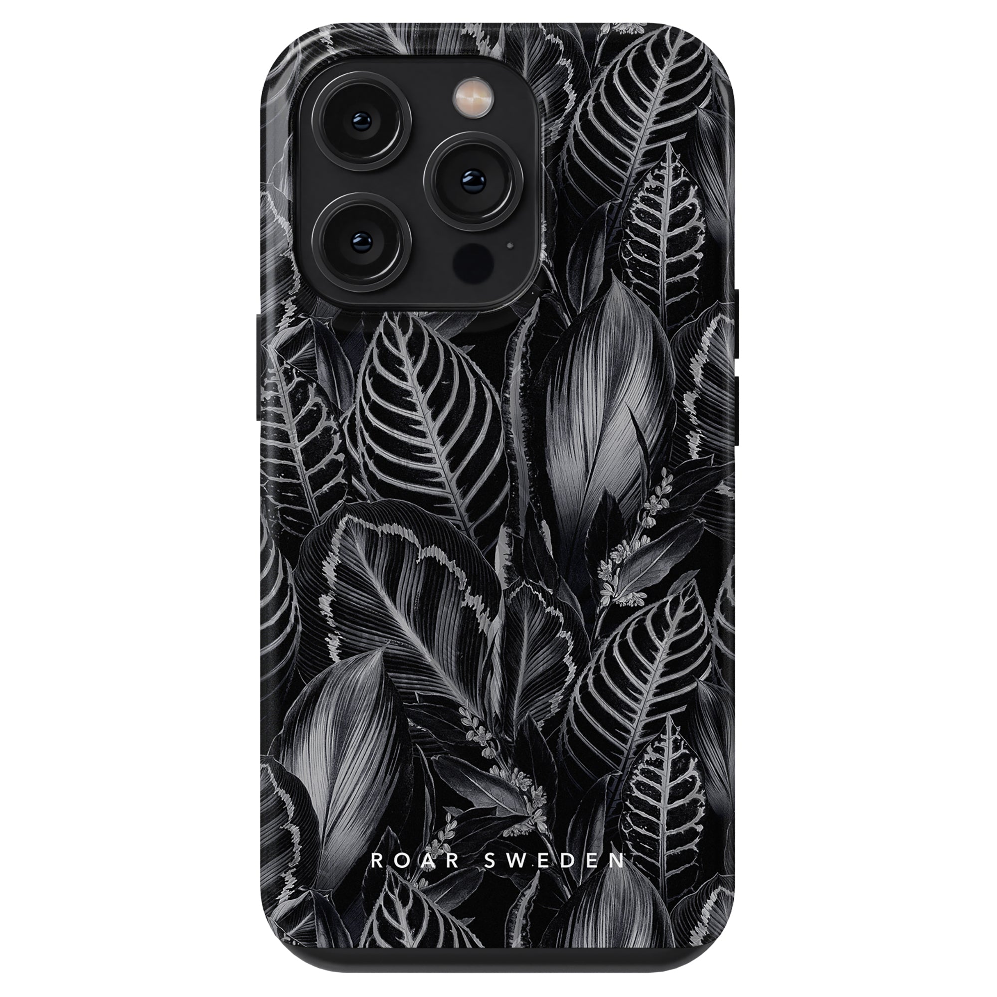 A smartphone with a Dark Leaves - Tough Case featuring a leaf pattern design from the jungle collection and the text "ideal of sweden" at the bottom.