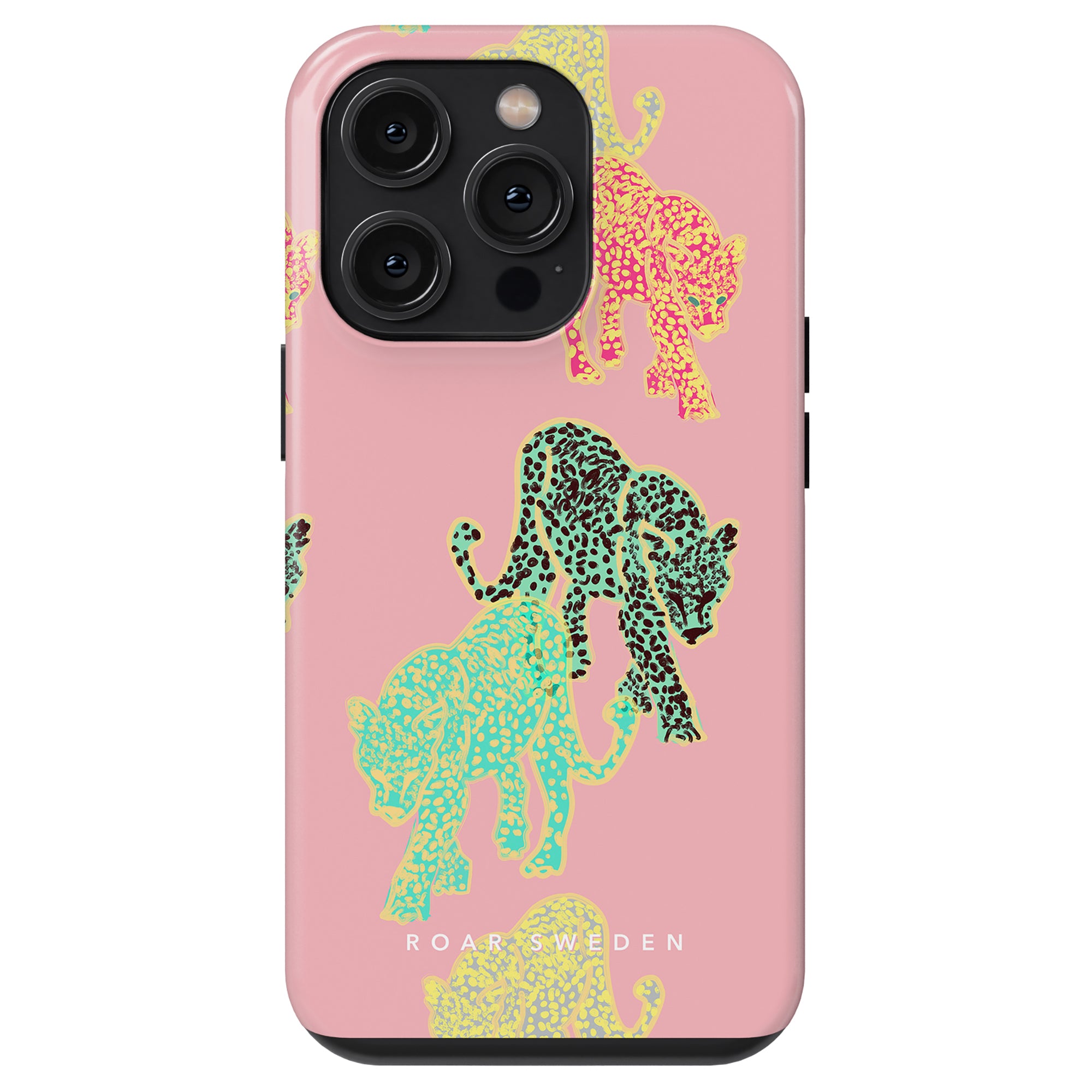 A pink smartphone case featuring a design of yellow and green elephants, labeled "Meow - Tough Case," with cutouts for camera lenses.