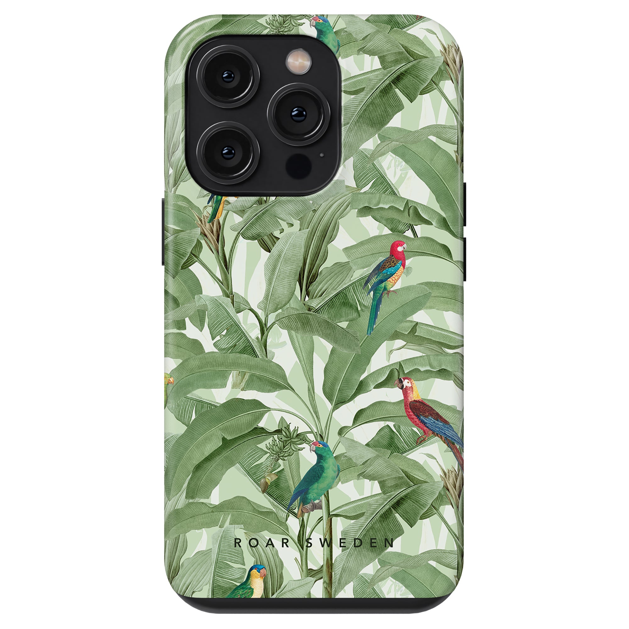 Smartphone with a Parrot Paradise tough case design.