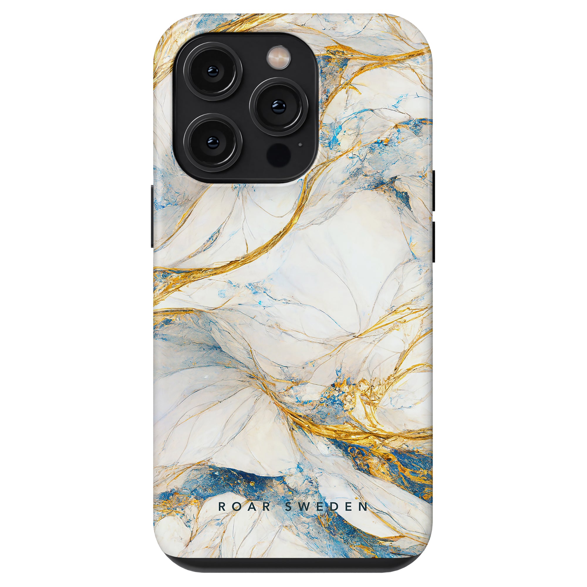 Queen Marble - Tough Case from the hybrid collection with a marbled white, blue, and gold design labeled "roar sweden" and equipped with camera cutouts.