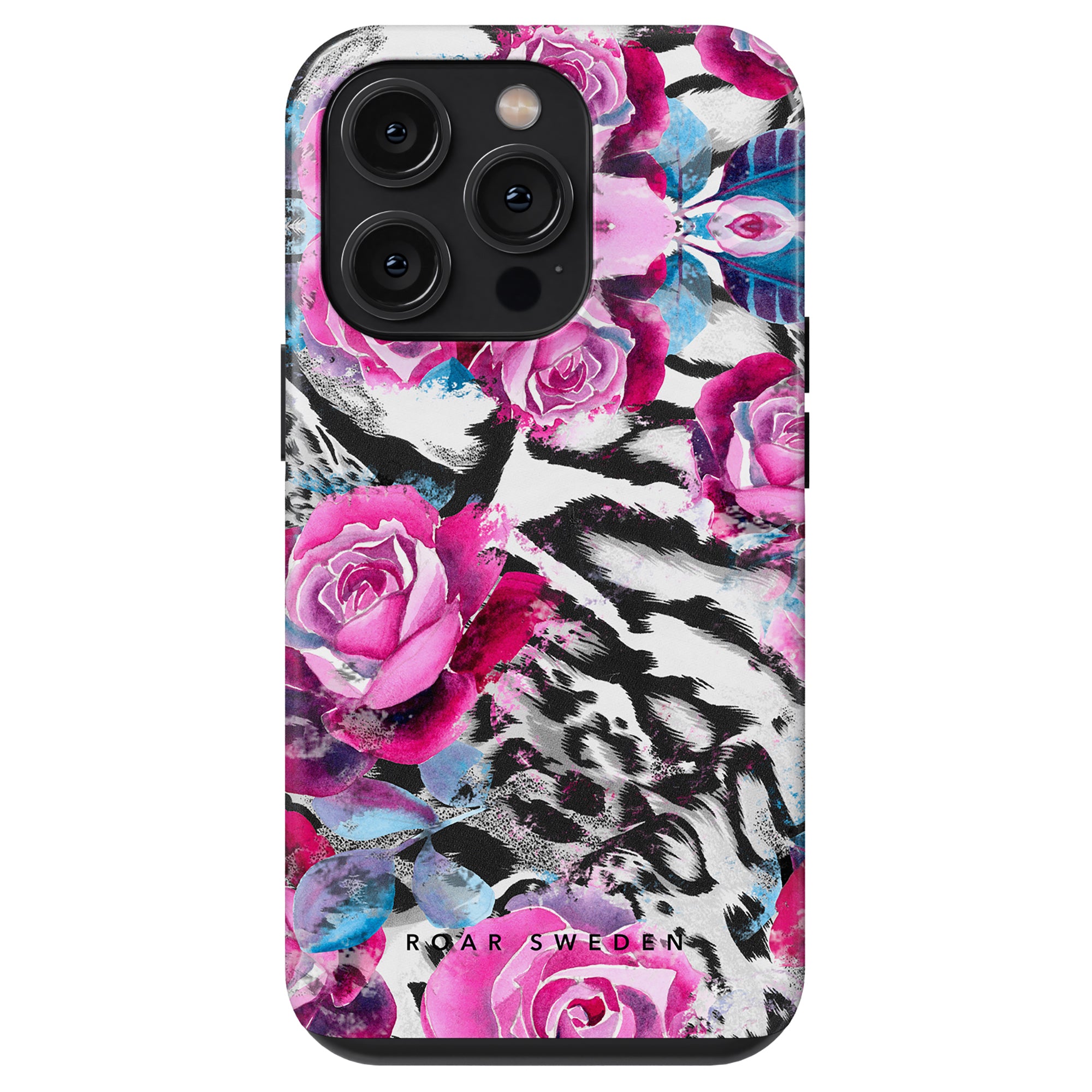 Smartphone case featuring a Rosy Wildcat - Tough Case design with pink and purple roses on a leopard-patterned background, designed for a model with three camera lenses.