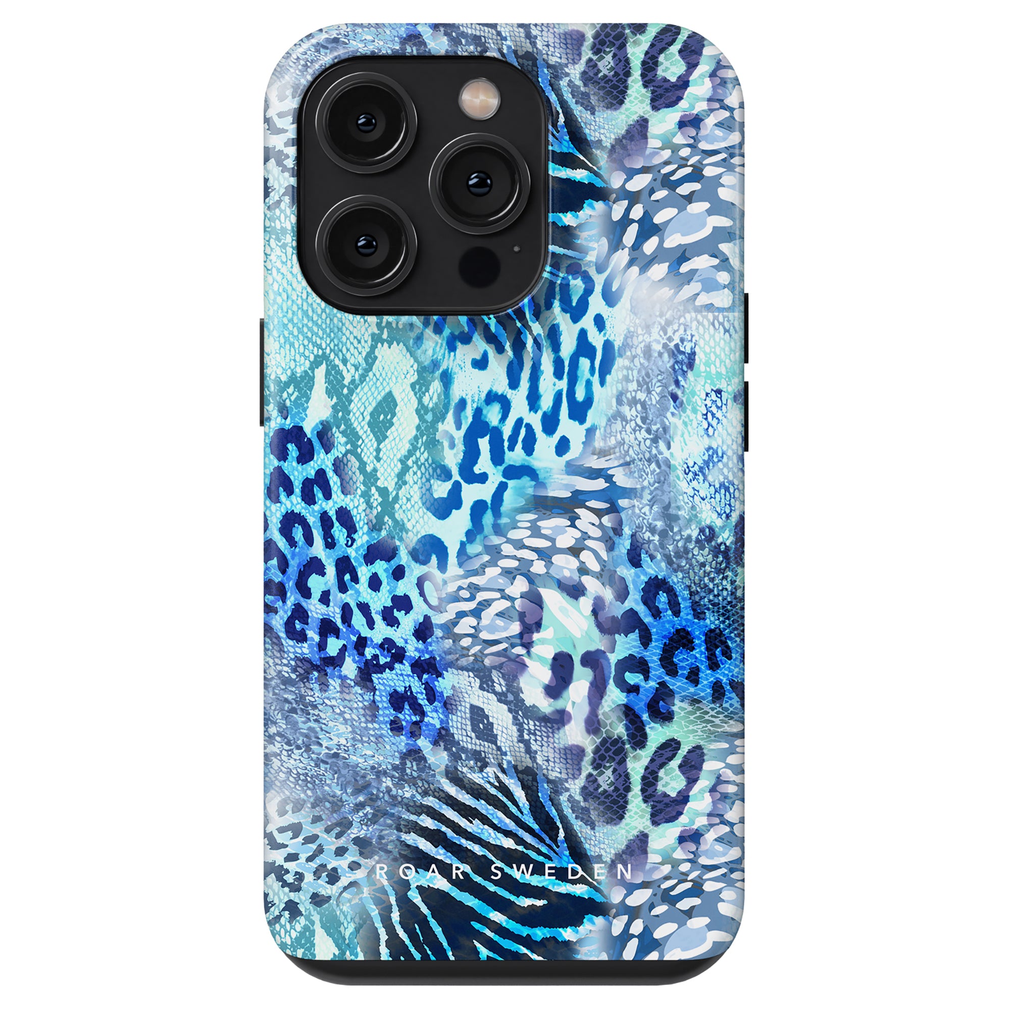 A smartphone with a blue and green patterned Snow Leopard - Tough Case featuring various abstract animal prints. It has three rear cameras, and the text "IDEAL OF SWEDEN" is visible at the bottom of the tough case.