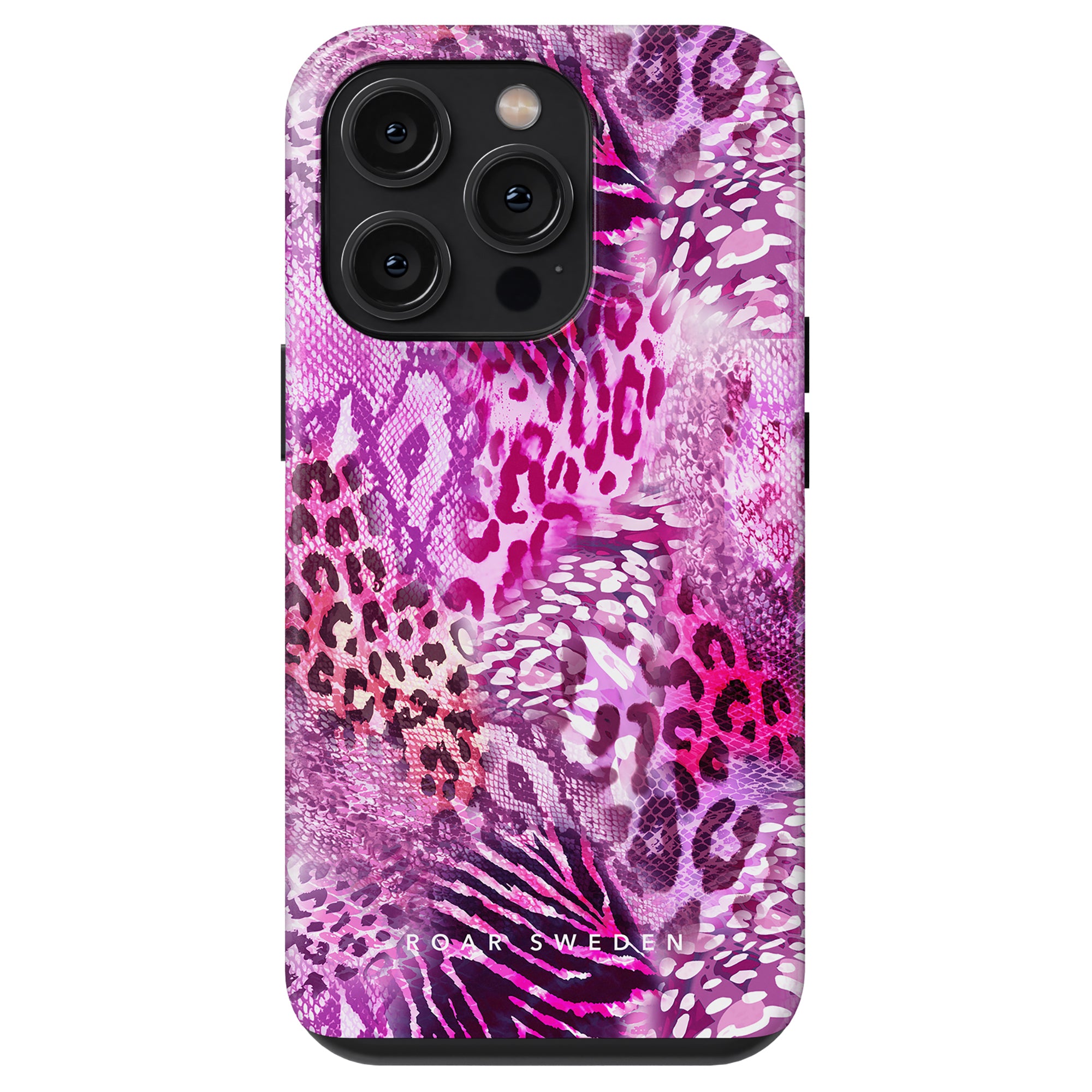 A smartphone case from the Swirl Leopard - Tough Case featuring a vibrant pink and purple animal print design with three camera lens cutouts at the top.
