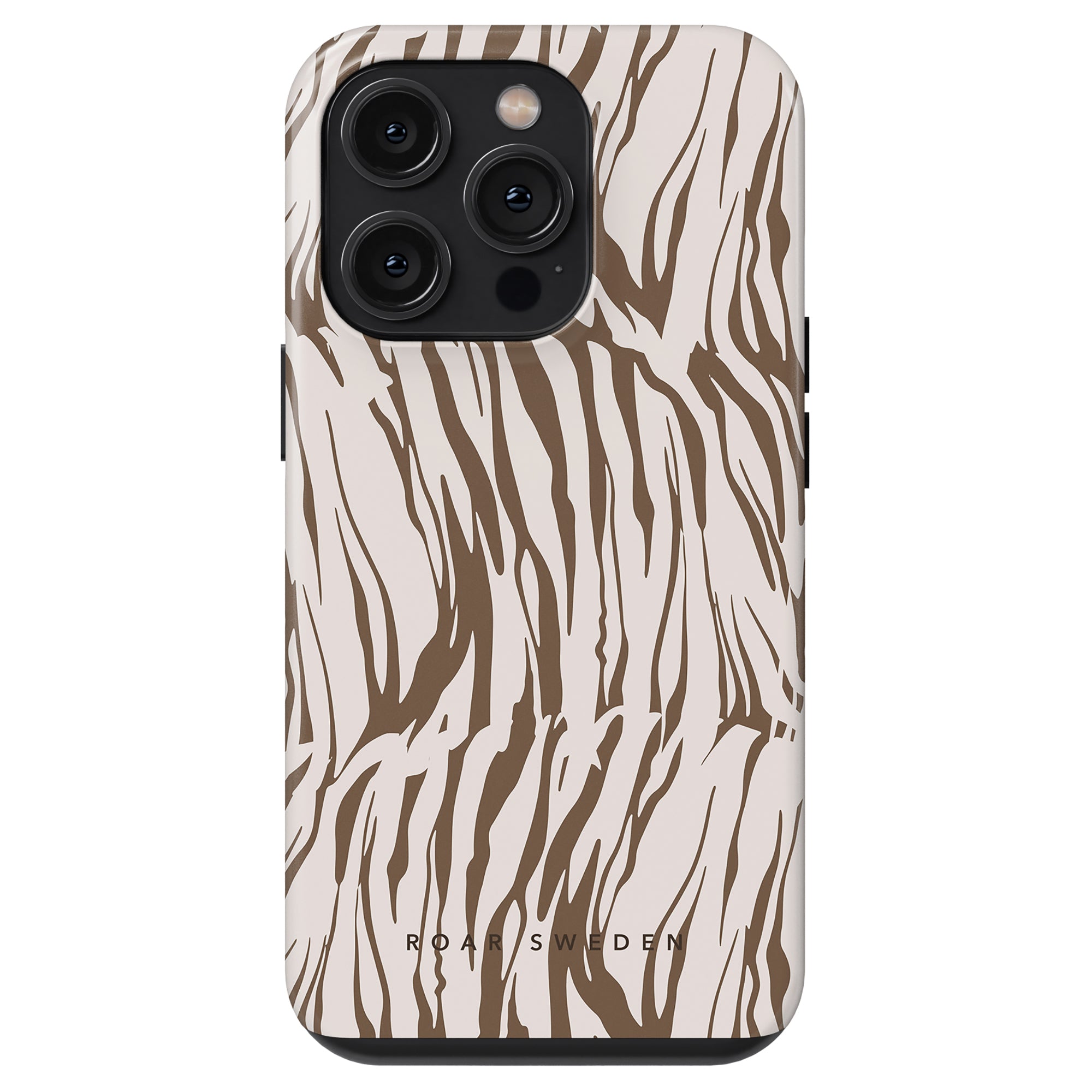 A smartphone with a White Tiger - Tough Case featuring a triple camera setup.