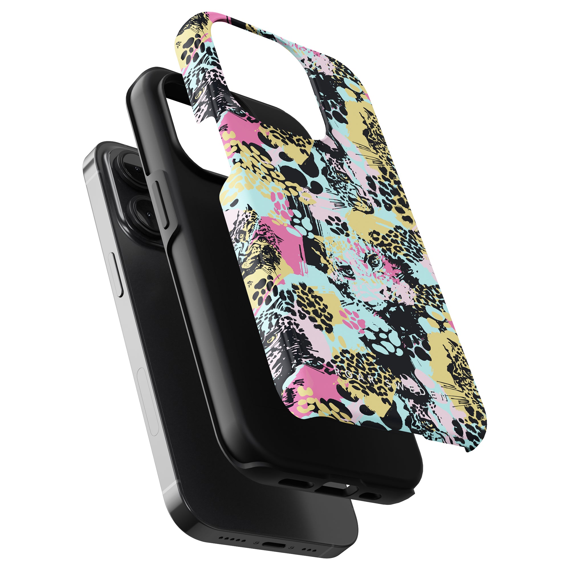 Two smartphones in cases, one with a colorful animal print strap and the other in a Bite - Tough Case, set against a white background.