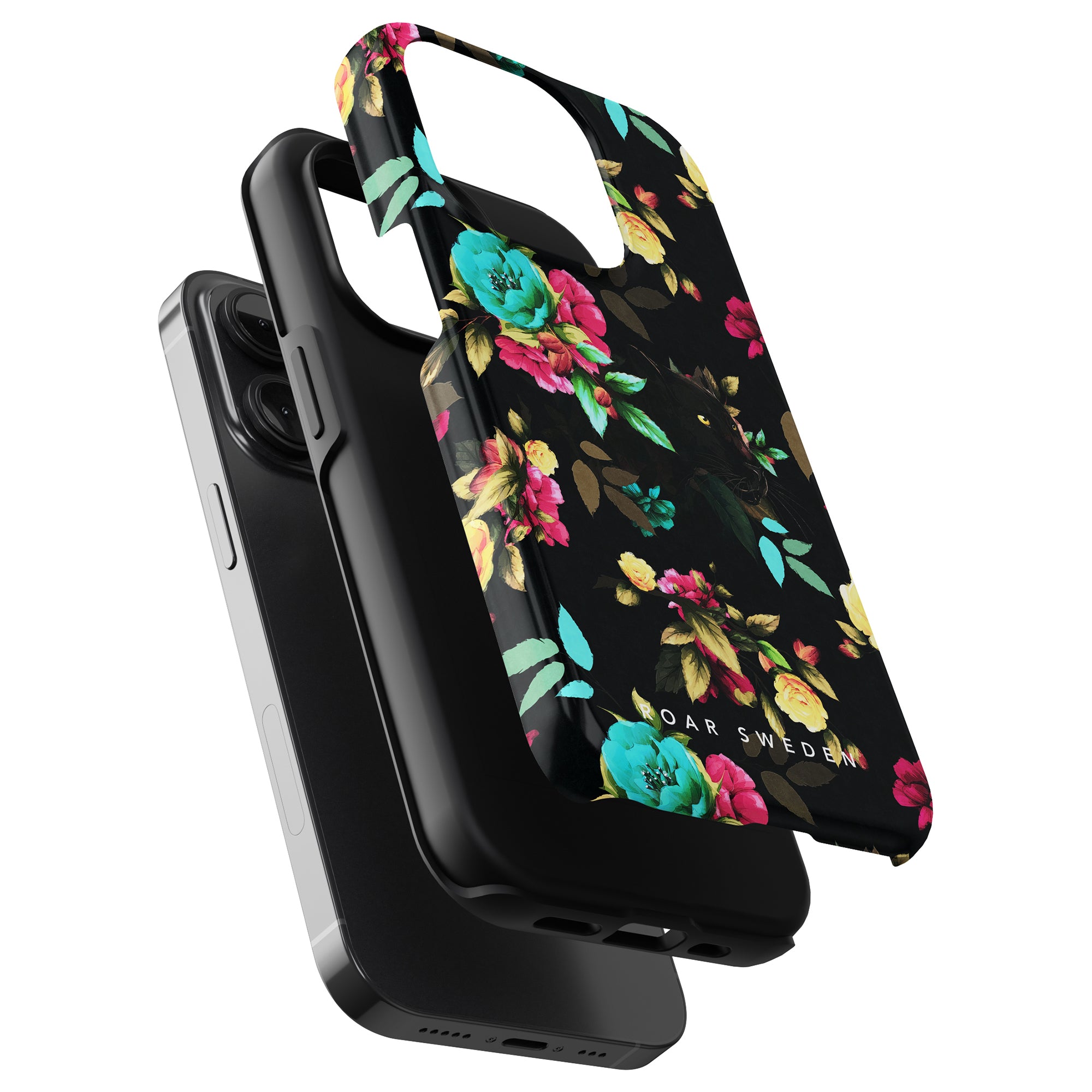 Black smartphone with a Bloom Panther - Tough Case attached, featuring a built-in handle for easy carrying. The case is adorned with colorful flowers on a dark background.