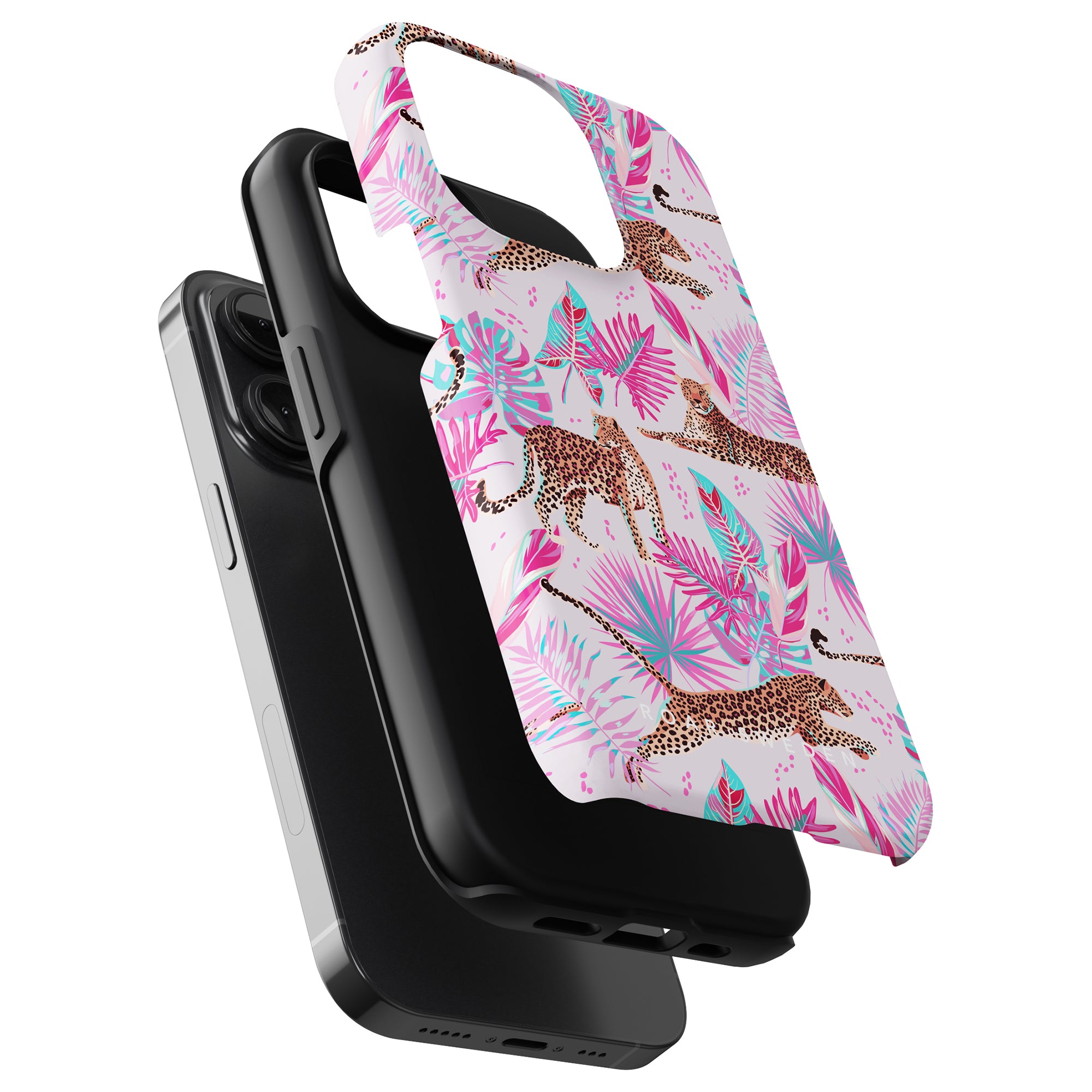 Smartphones with black cases stacked vertically, one featuring a colorful pink and blue floral print from the Chill - Tough Case collection.
