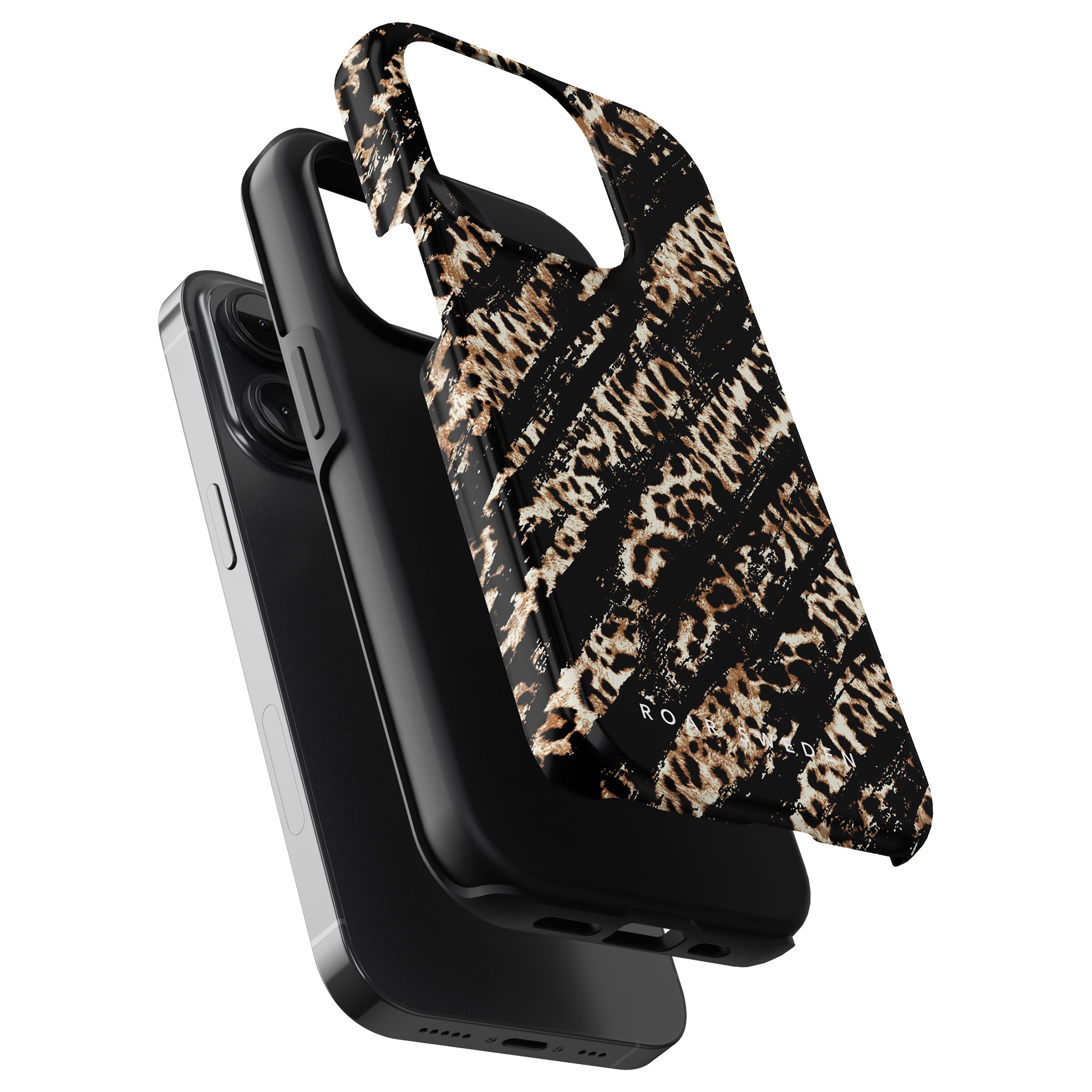 Black smartphone with a Claws - Tough Case featuring a stylized, leopard print design, displayed from various angles to highlight the fit and aesthetics.